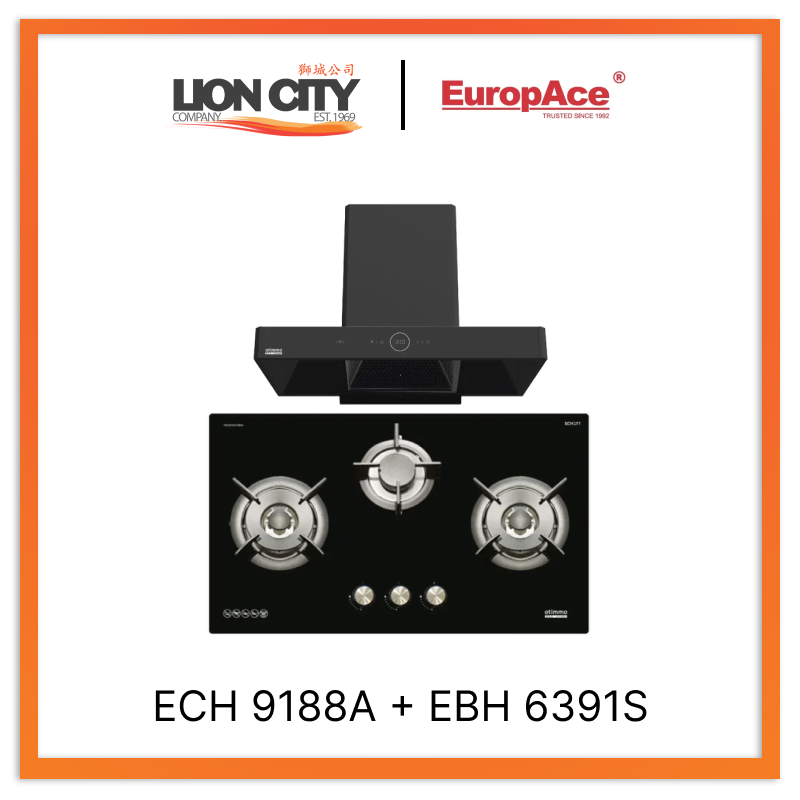 Europace ECH9188A 90CM Premium T Chimney Range Hood with EBH 6391S 3-Burner 90cm Gas Cooktop (Schott Glass) - Perfect for Modern Kitchens, Restaurants & Open-Plan Living Spaces