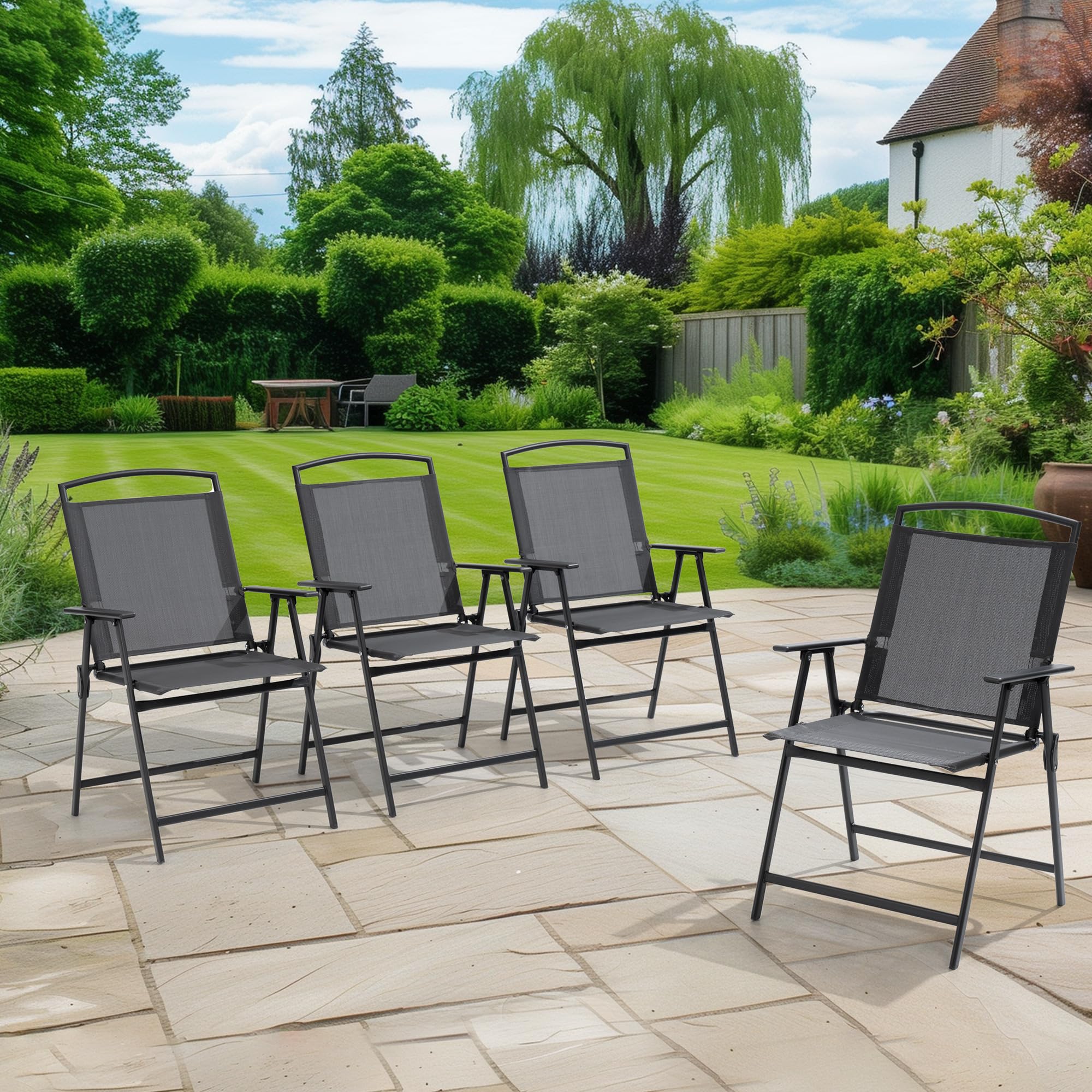 Pellebant Set of 4 Outdoor Folding Chairs with Armrests - Lightweight Patio Dining Chairs for Camping, Beach, Backyard, Garden & Poolside - Weather-Resistant Gray Furniture - Perfect for Outdoor Entertaining & Relaxation