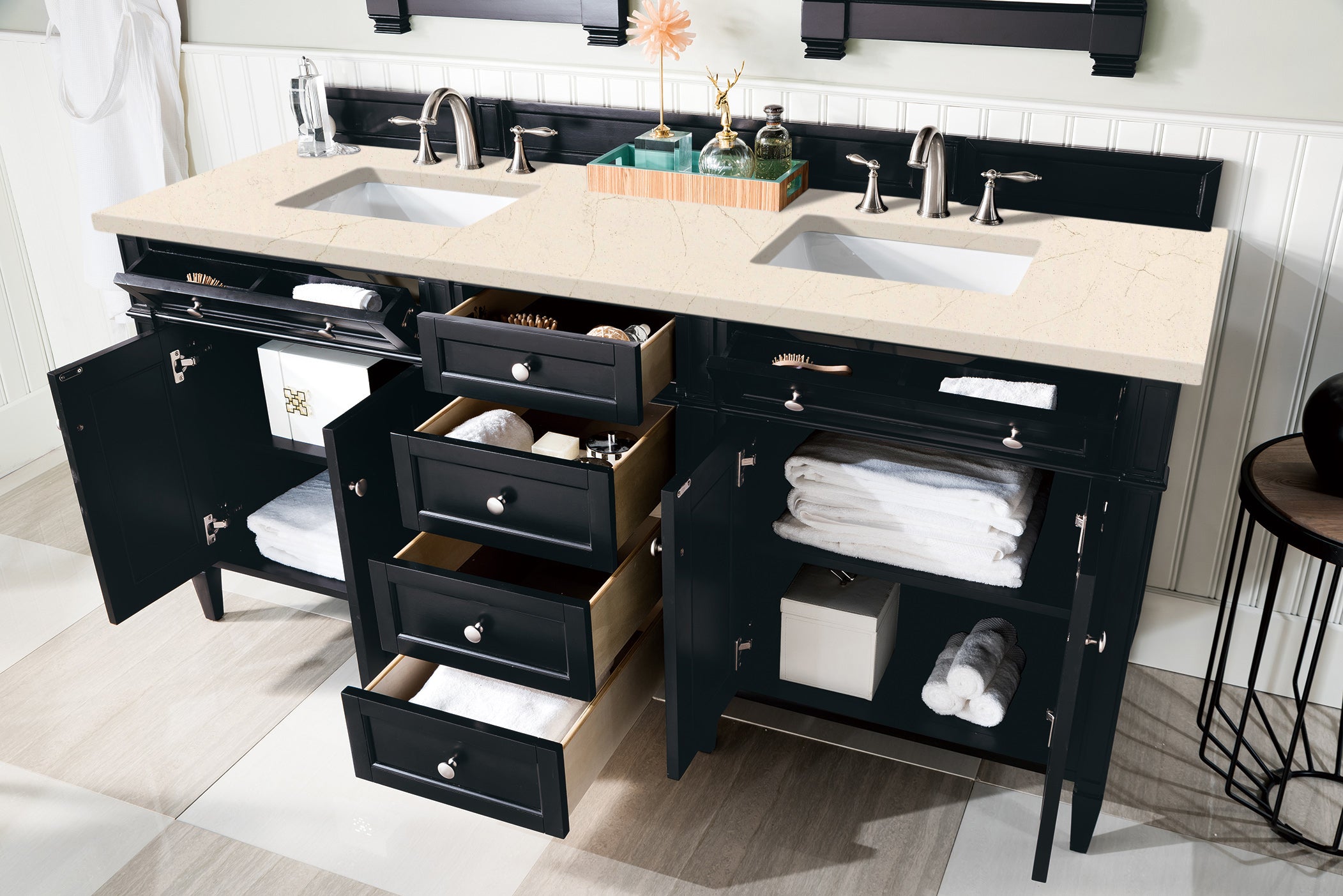 Brittany 72-Inch Black Onyx Double Vanity with 3CM Eternal Marfil Quartz Top - Luxury Bathroom Vanity for Modern Master Bath & Powder Room