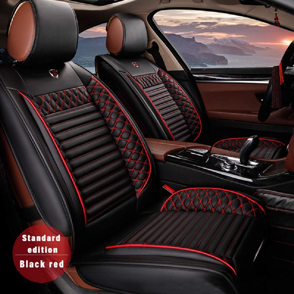 Custom PU Leather Car Seat Covers for Ford F150/Edge/Explorer/Ecosport/Escape/Fiesta/Focus/Mondeo/Mustang/Kuga - 5-Seat Full Set with Needlework Design, Black & Red - Perfect for Road Trips, Daily Commuting & Interior Protection