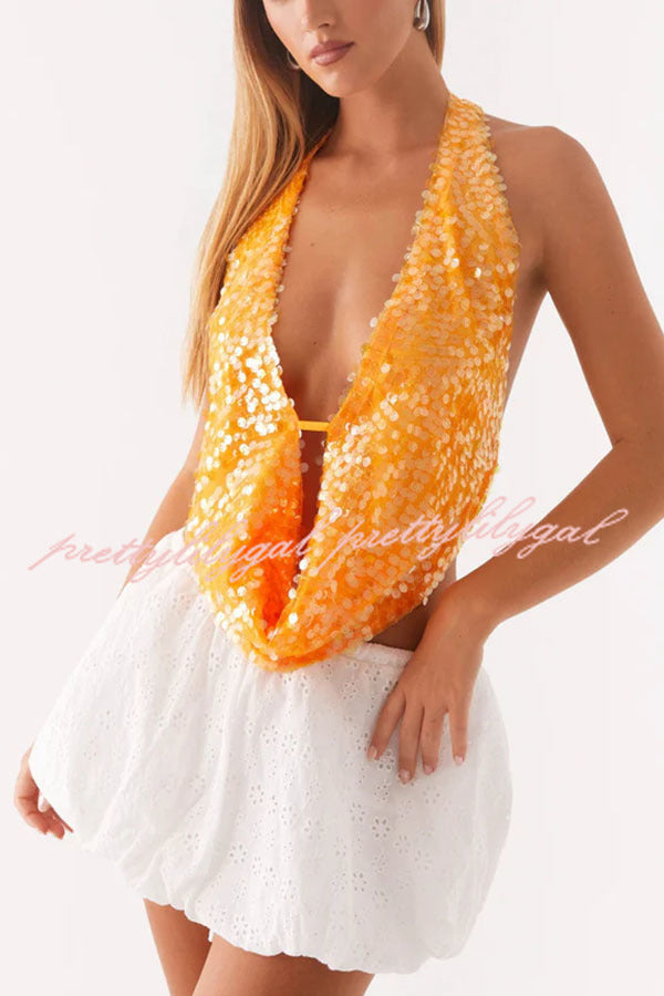 Mermaid Princess Sequin Cowl Neck Halter Backless Top for Women | Sexy Clubwear, Party Outfit, Festival Fashion, Night Out Look, Beach Cover-Up, Vacation Style