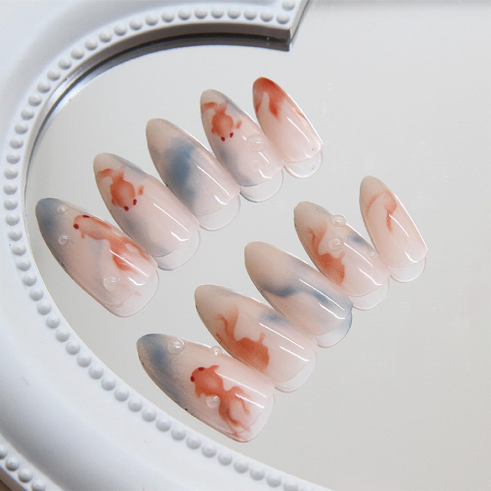3D Water Drop Goldfish Press-On Nails - Short Almond Fake Nails with Blue Gradient Design, Glossy Full Cover Acrylic Stick On Nails for Women (24Pcs) | Perfect for Summer Manicures, Beach Vacations & Nail Art Decor