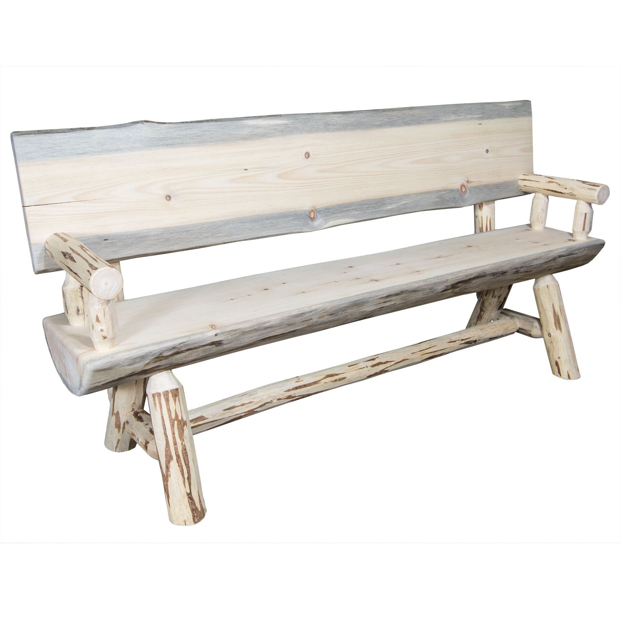 6 Foot Montana Half Log Bench with Back & Arms - Rustic Outdoor Seating for Patio, Garden, and Cabin Decor