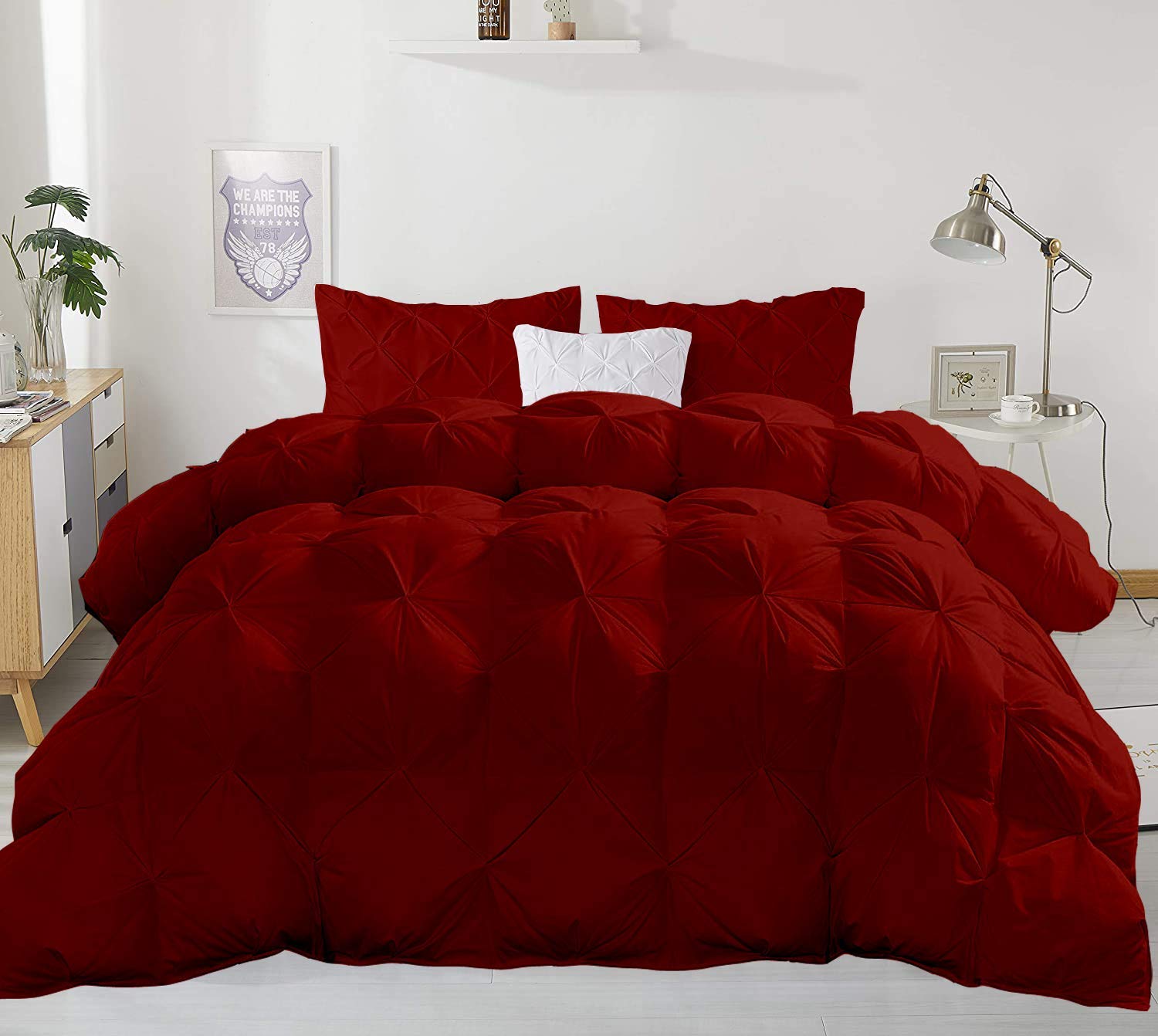 Premium 600 GSM All-Season Quilted Pinch Pintuck Pleated Comforter Set - 3 Piece (Oversized King Comforter + 2 Pillow Shams) | 100% Egyptian Cotton Duvet Insert | Burgundy Luxury Bedding for Master Bedroom, Guest Room & Hotel Use