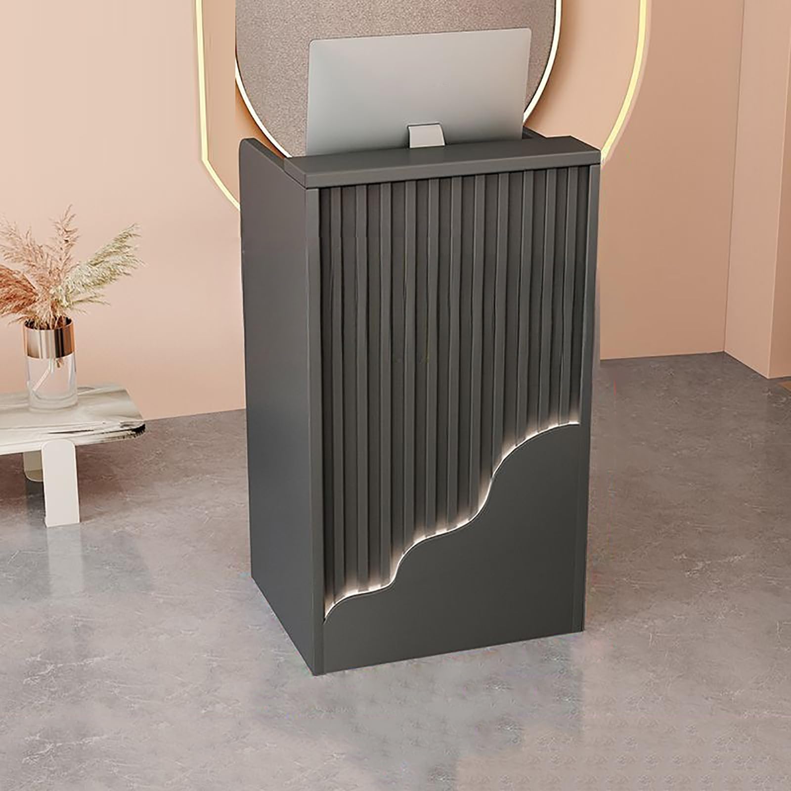Modern L-Shaped Reception Desk Counter with Open Shelves & Drawers - Cashier Front Desk for Retail Stores, Supermarkets, Hotels & Offices - Durable Standing Workstation for Efficient Customer Service & Workspace Organization