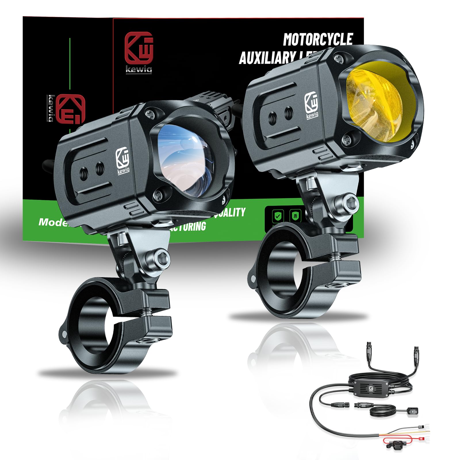 Kewig 60W Motorcycle LED Auxiliary Light Kit - White/Amber Spotlights & Fog Lights with Mounting Brackets & Waterproof Wiring Harness - Compatible with Motorcycles, Jeeps, Trucks & ATVs - Perfect for Off-Road Adventures, Night Driving & Work Lighting