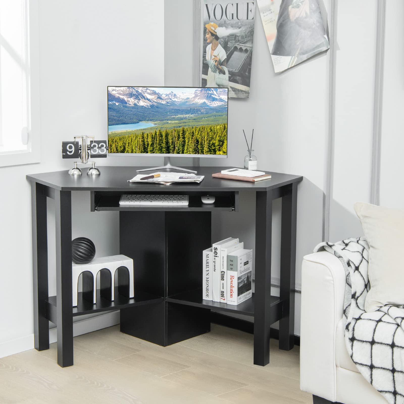 Tangkula Small Corner Desk with Keyboard Tray - Triangle Computer Desk for Bedroom, Home Office & Small Spaces - Space Saving Writing Desk with Storage Shelves - Perfect for Work, Study & Makeup Vanity