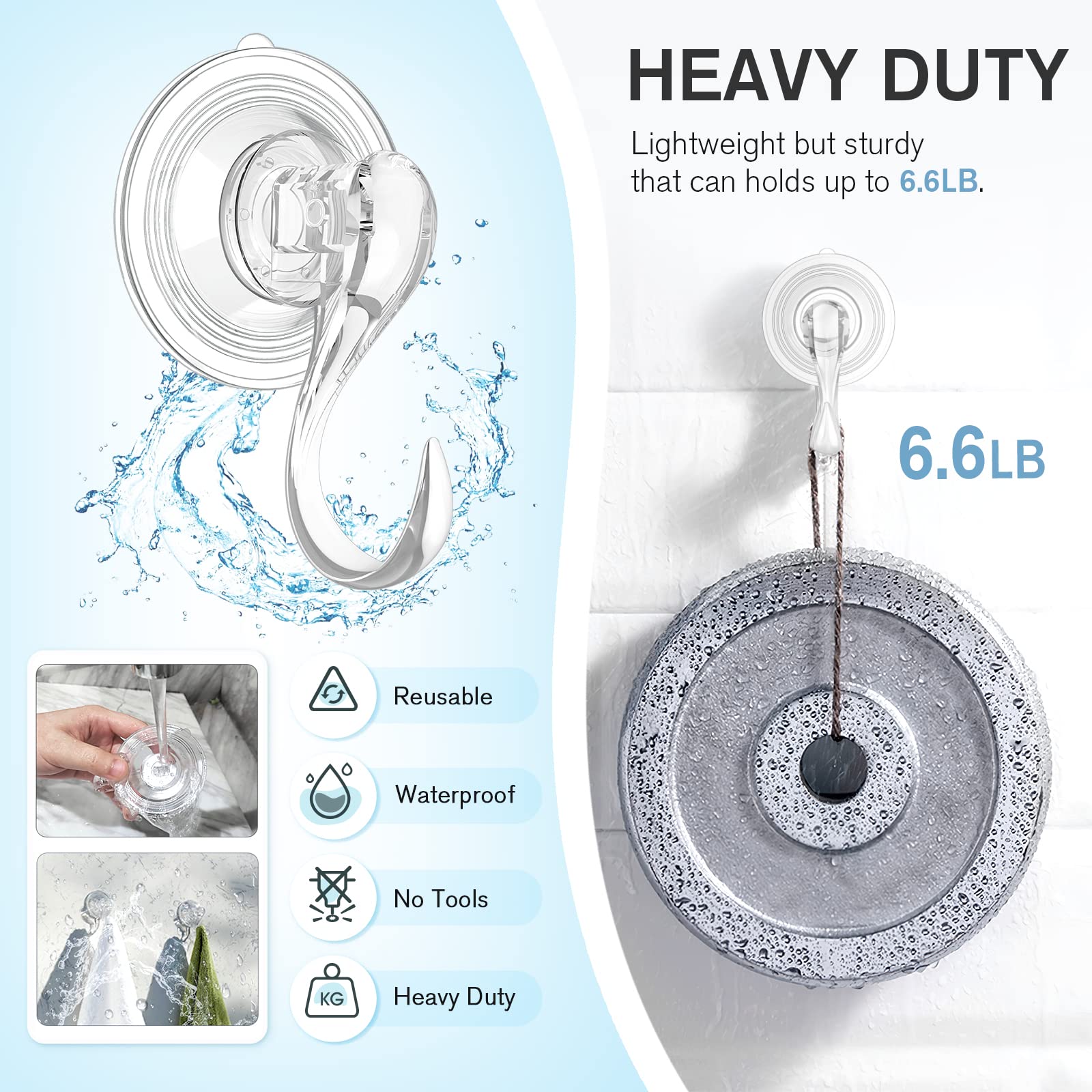 VIS'V Heavy Duty Clear Small Suction Cup Hooks with Wipes - 6 Pack, Removable & Reusable for Bathroom, Kitchen, Dorm, Office Organization