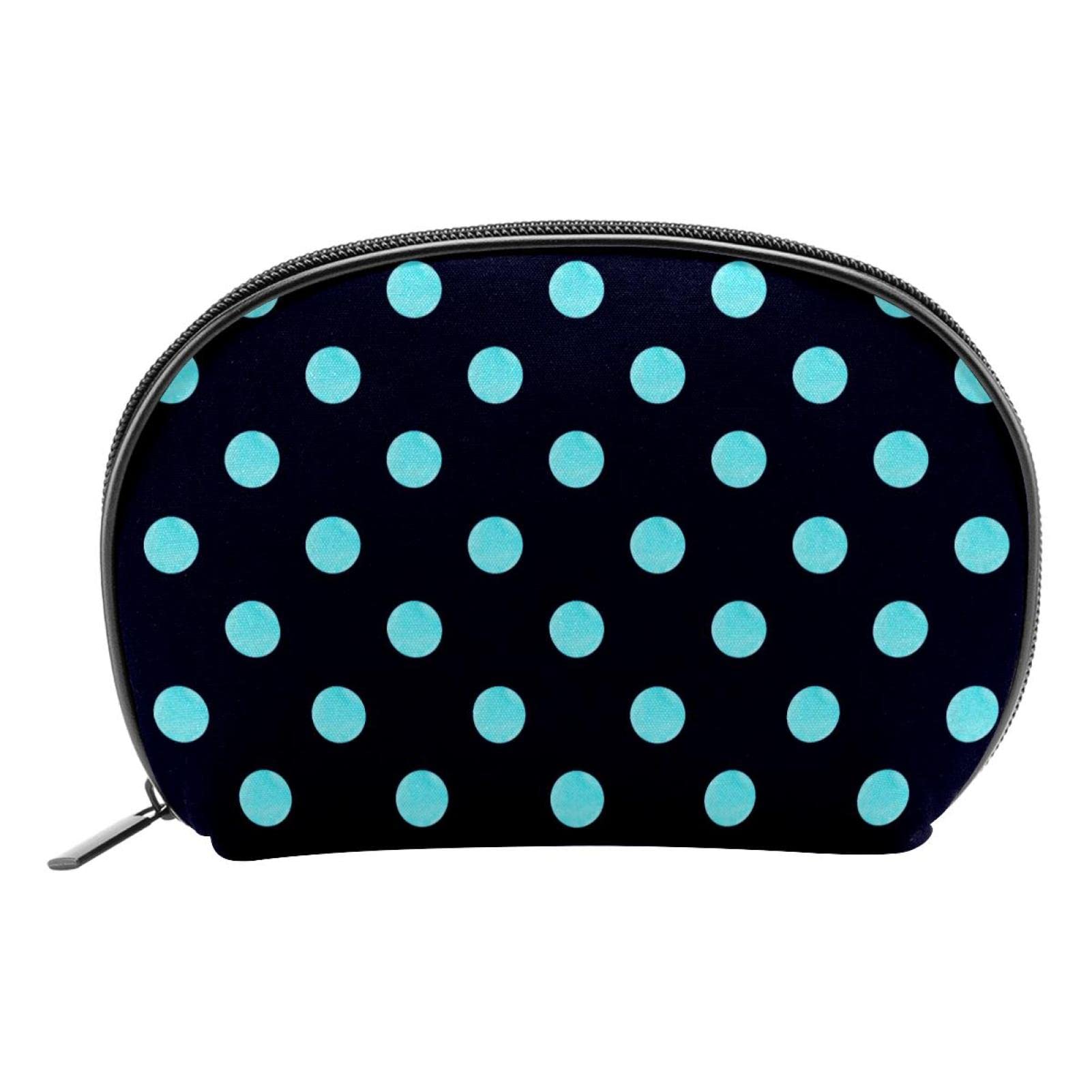 Reusable Semicircle Cosmetic Bag - Waterproof Makeup Pouch for Women & Girls | Blue Black Polka Dot Design | Travel Toiletry Organizer & Coin Purse | Perfect for Daily Use, Gym, and Vacation Trips