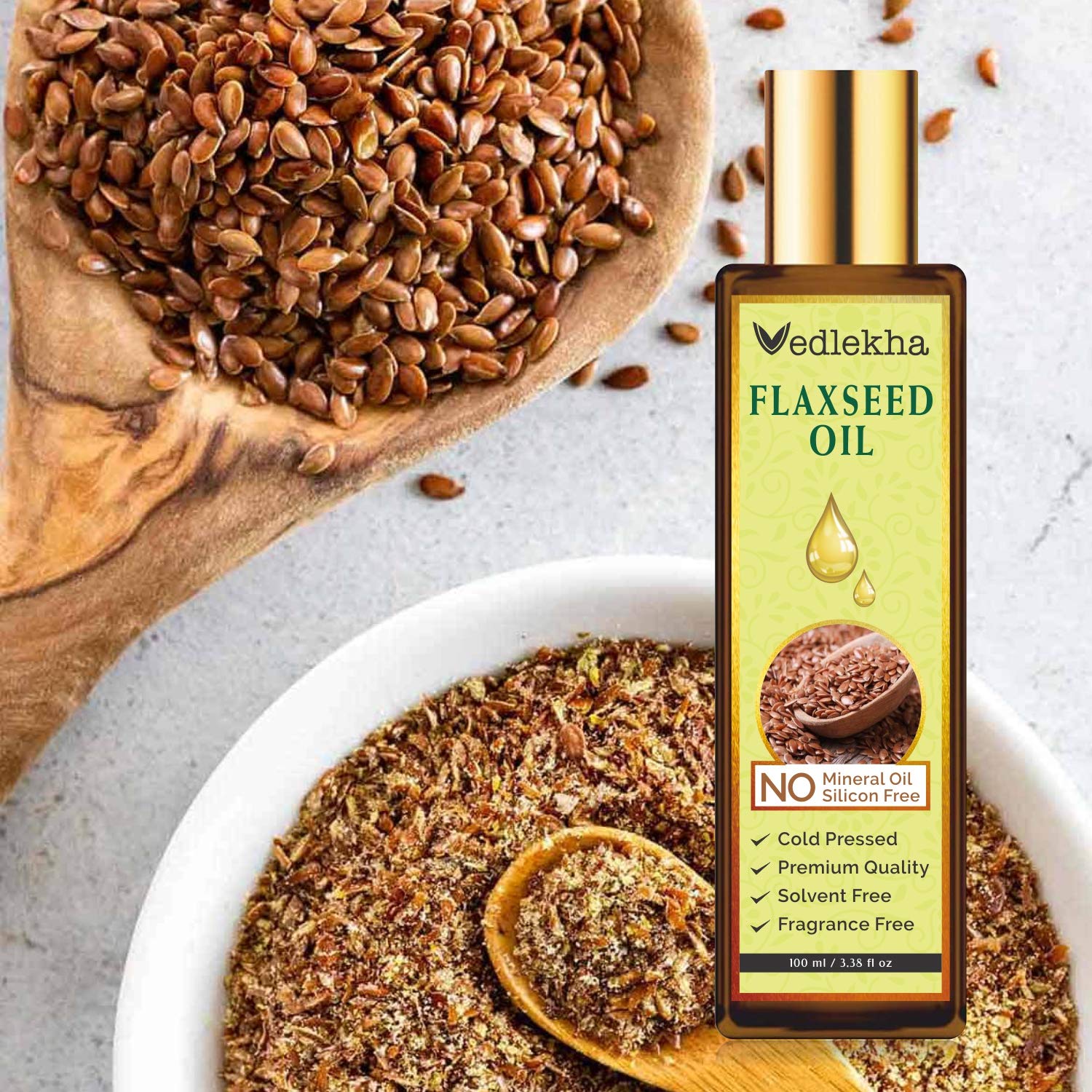 Vedlekha 100% Natural & Organic Flaxseed Oil for Hair Growth, Skin Care & Nourishment - 100ml Cold-Pressed Supplement for Healthy Hair, Glowing Skin & Scalp Treatment