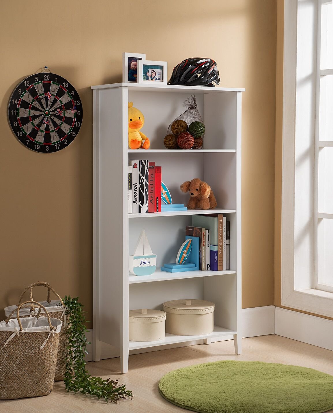 Kings Brand White Wooden 4-Shelf Bookcase - Modern Bookshelf for Living Room, Office & Bedroom Storage & Organization