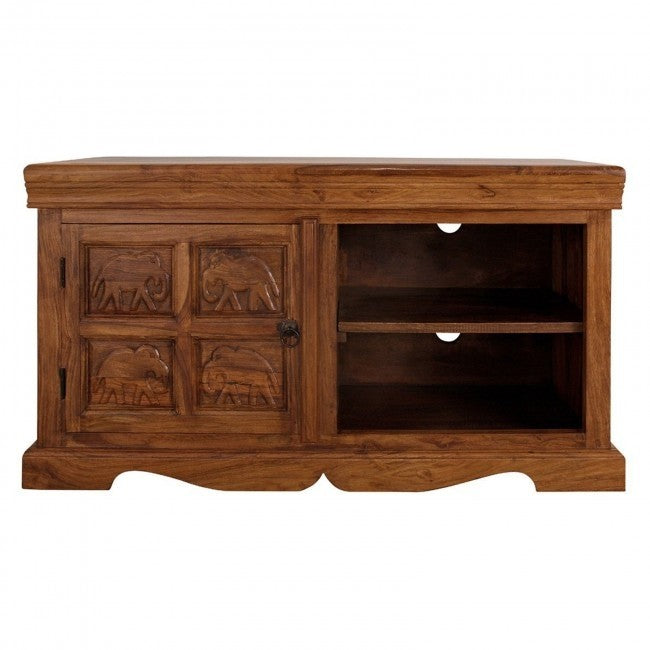 Elephant Design Solid Wood TV Stand - Handcrafted Indian Teakwood Entertainment Center for Living Room, Bedroom & Home Theater