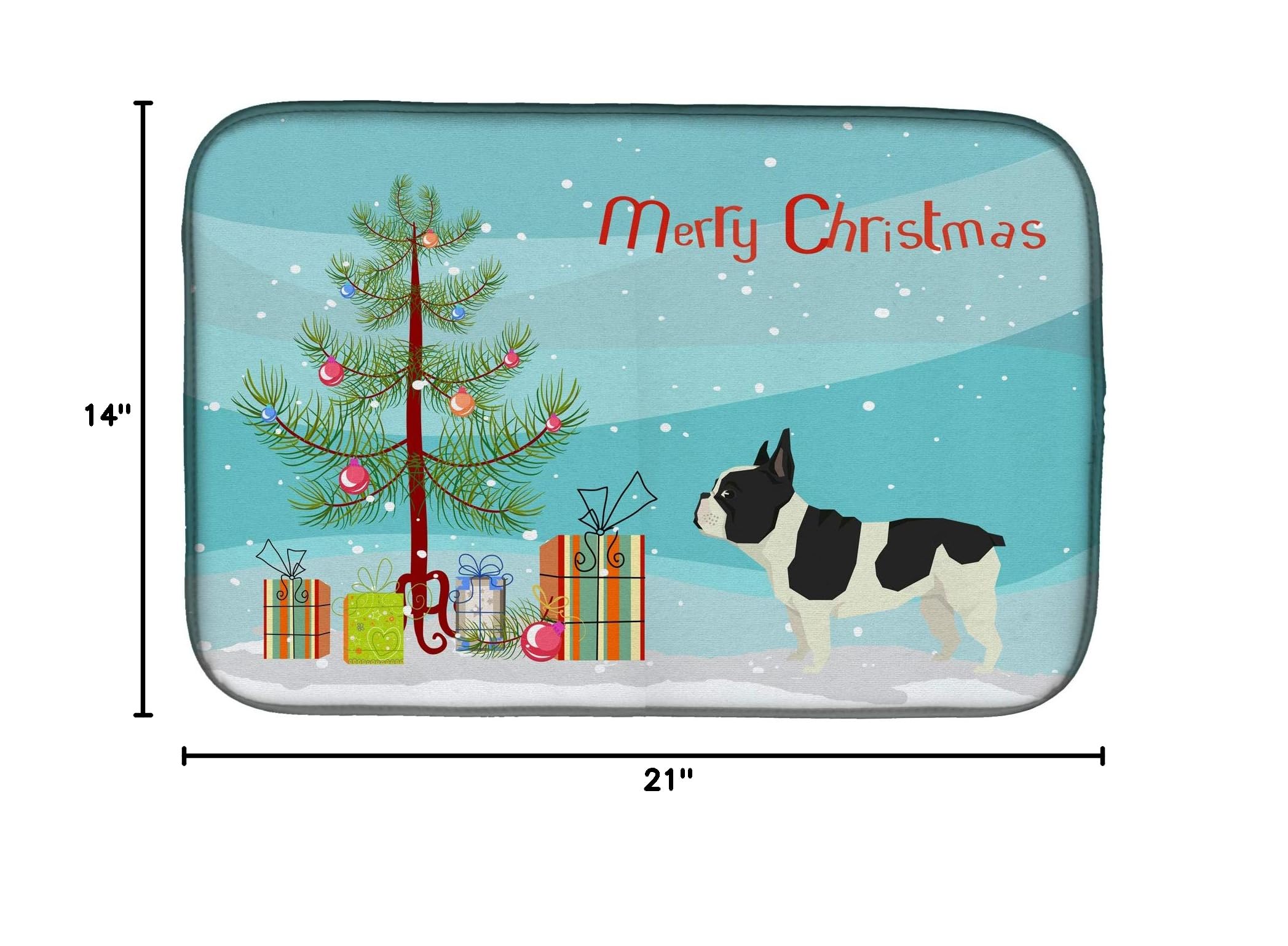 French Bulldog Christmas Tree Dish Drying Mat - Absorbent Kitchen Counter Pad (14