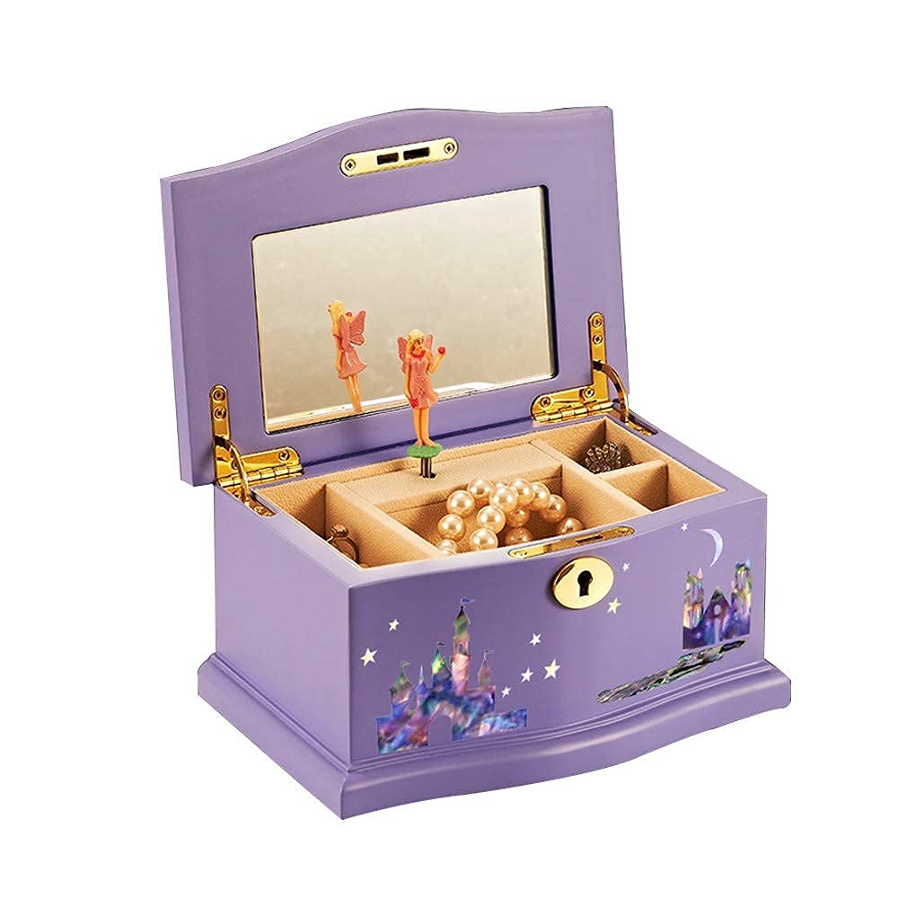 Purple Wooden Musical Jewelry Box with Ballerina & Mirror - Kids Jewelry Organizer for Girls, Plays Music - Perfect for Birthday Gifts & Bedroom Decor