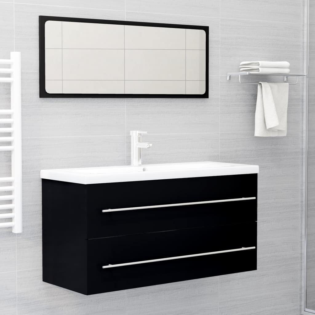 Modern Bathroom Vanity Set with Sink, Mirror & Storage Cabinet - 2-Piece Black Chipboard Bathroom Furniture for Small Spaces, Powder Rooms & Guest Baths