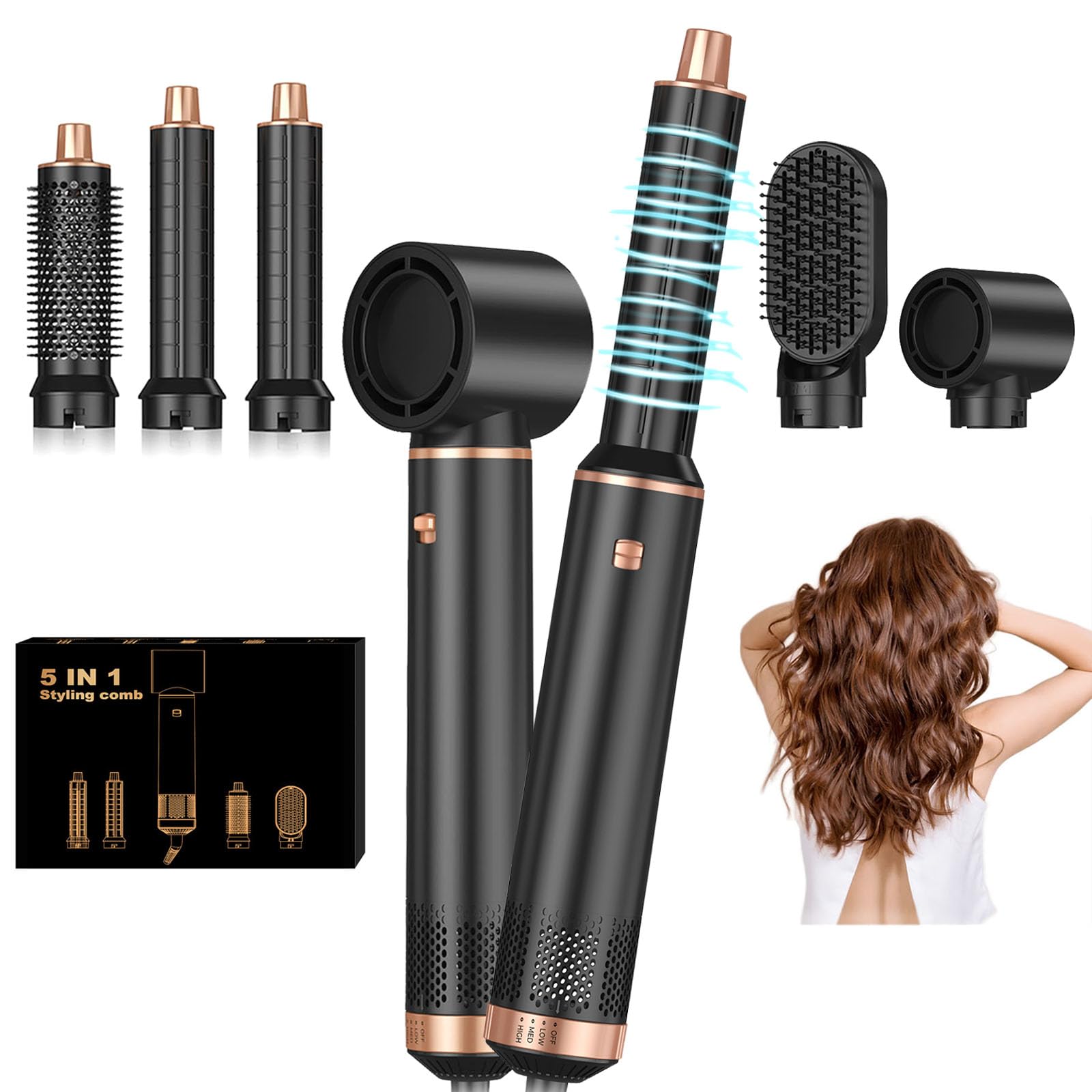 5 in 1 Blow Dryer Brush for Hair Styling - Upgraded Detachable Hot Air Brush with Negative Ion Technology for Drying, Curling & Straightening - Perfect for Salon-Quality Styling at Home, Travel & Daily Use