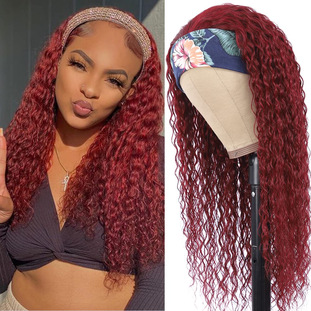 Eooma 22 Inch Brazilian Kinky Curly Human Hair Headband Wig for Black Women - 10A 180% Density #99J Burgundy Remy Hair - No Glue No Gel Scarf Wig for Daily Wear, Parties & Special Occasions