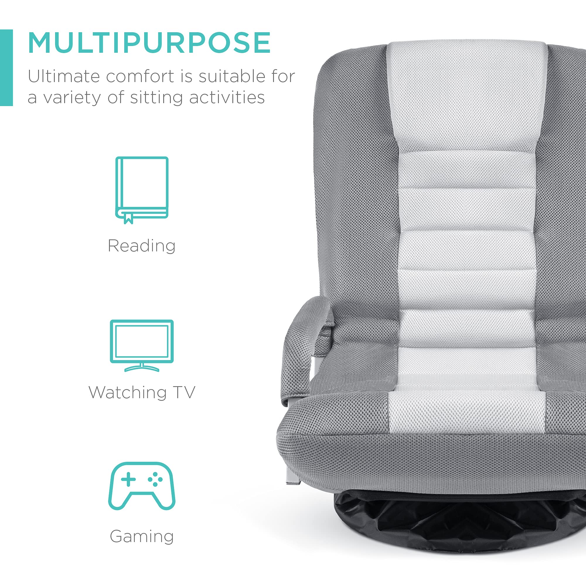 Best Choice Products 360-Degree Swivel Gaming Chair - Adjustable Foldable Backrest with Lumbar Support & Armrests for Ultimate Comfort - Gray/White Multipurpose Floor Rocker for Gaming, TV Watching, Reading & Relaxation