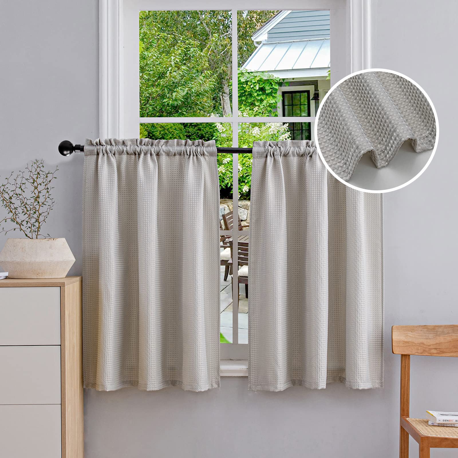 Beda Home Waffle Textured Tier Curtains for Small Kitchen Window - Water Repellent Rod Pocket Short Curtains for Bathroom - Grey 36x36 Inches (2 Panels) - Perfect for Cozy Kitchens & Stylish Bathrooms