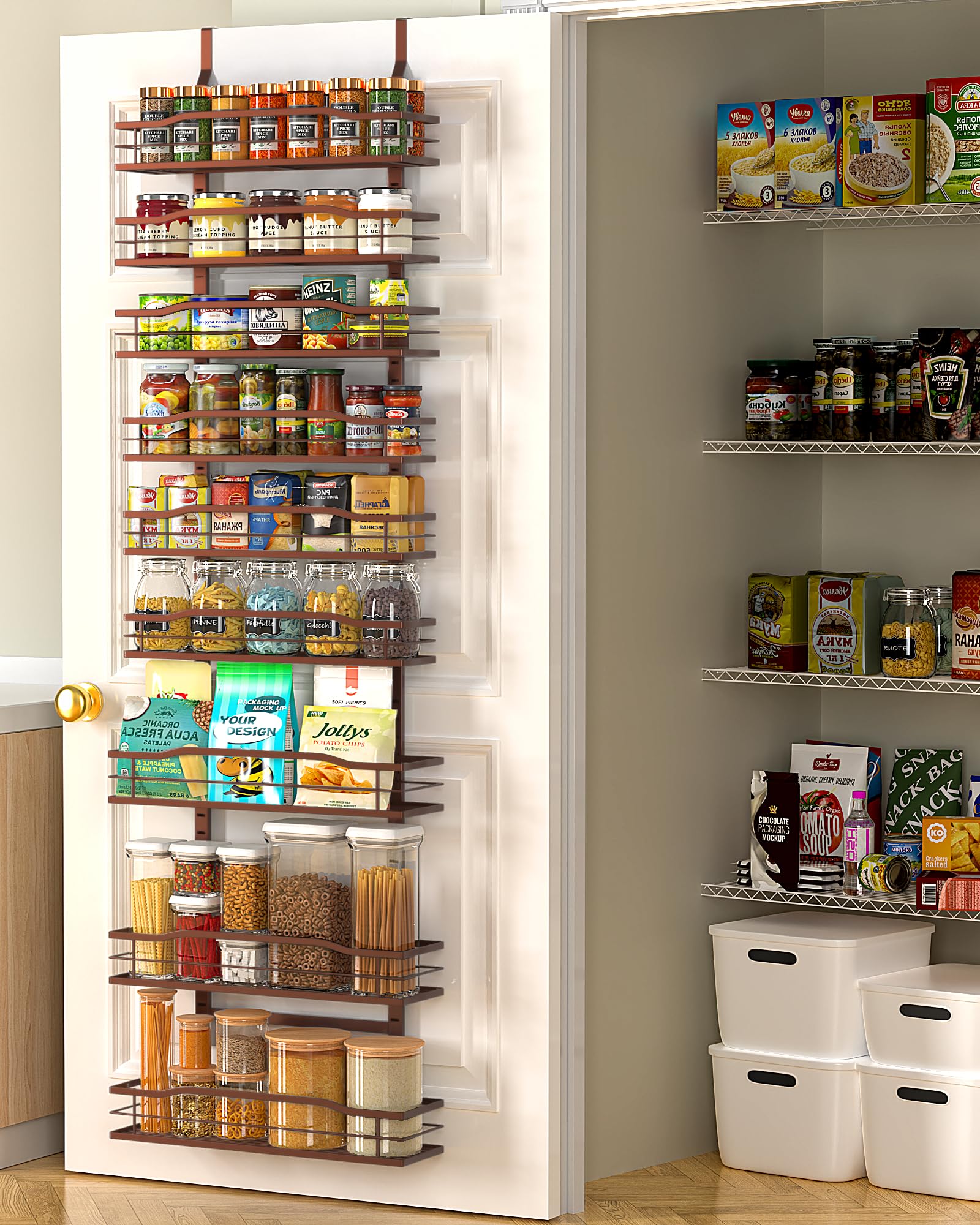 Moforoco Bronze 9-Tier Over The Door Pantry Organizer - Space Saving Metal Hanging Spice Rack Shelves for Kitchen, Bathroom & Laundry Room Storage | Perfect for Pantry Organization, Spice Display & Home Essentials