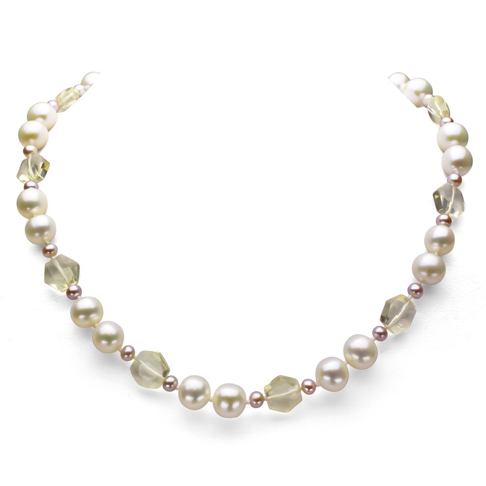 14KW Gold 10mm White & 4mm Pink Freshwater Cultured Pearl Necklace with Simulated Lemon Quartz - 18