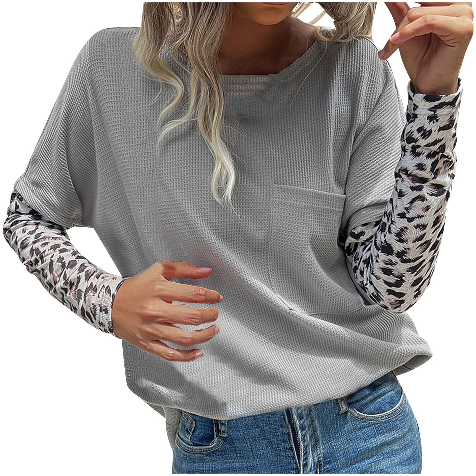 Trendy Women's Color Block Pullover with Leopard Print - Casual Waffle Raglan Long Sleeve Tunic Top - Loose Fit Shirt for Everyday Wear, Office & Outings