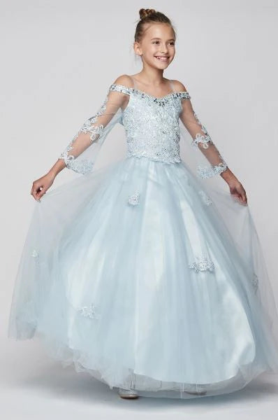 Elegant Blue Off-Shoulder Long Sleeve Rhinestone Pageant Dress for Girls Size 8-16 | Perfect for Pageants, Proms, and Special Occasions