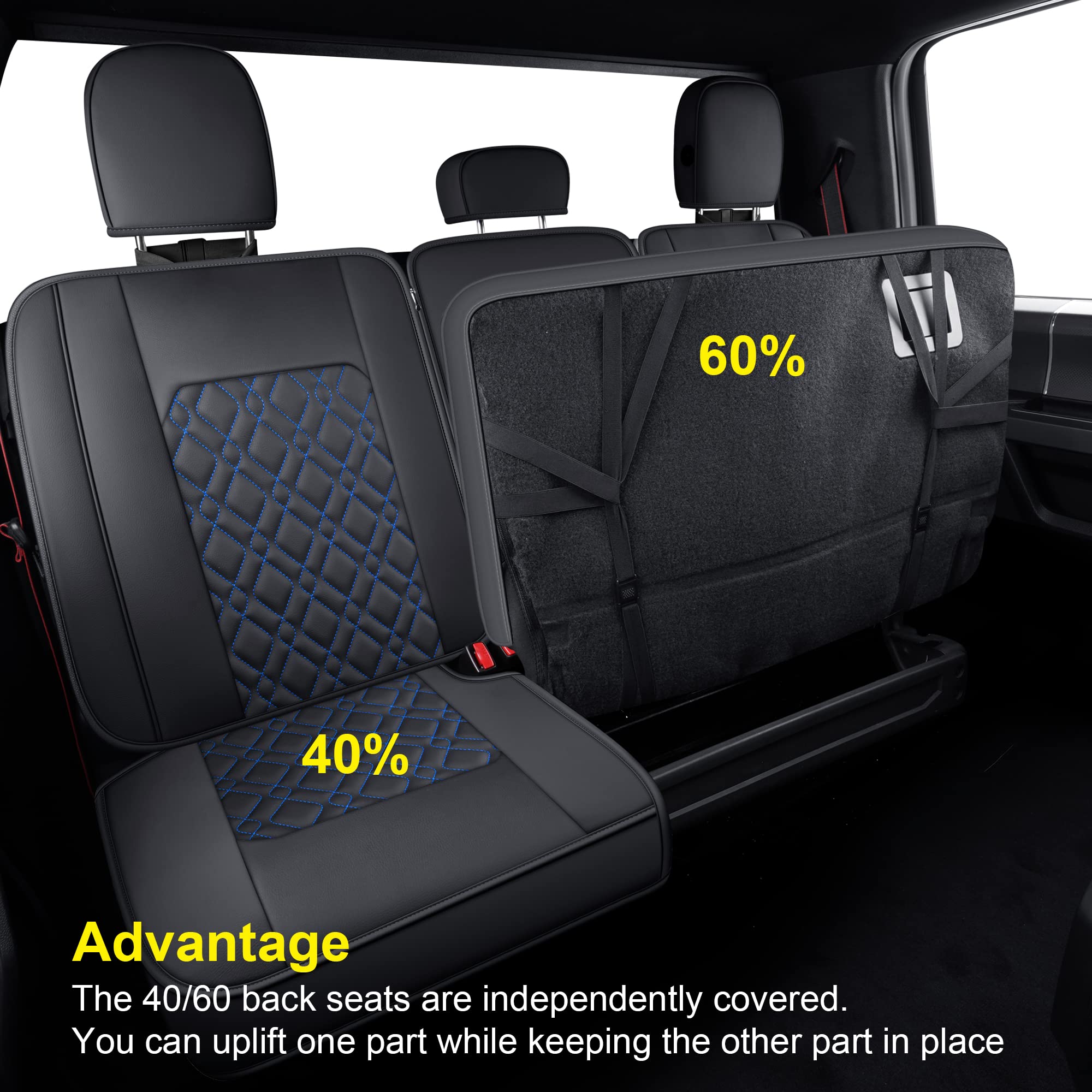 LUCKYMAN CLUB Premium Waterproof Faux Leather Seat Covers for Ford F150 (2015-2024) & F250/F350/F450 (2017-2024) - Full Set Black-Blue Design - Durable Protection for Trucks, Off-Roading & Daily Commute