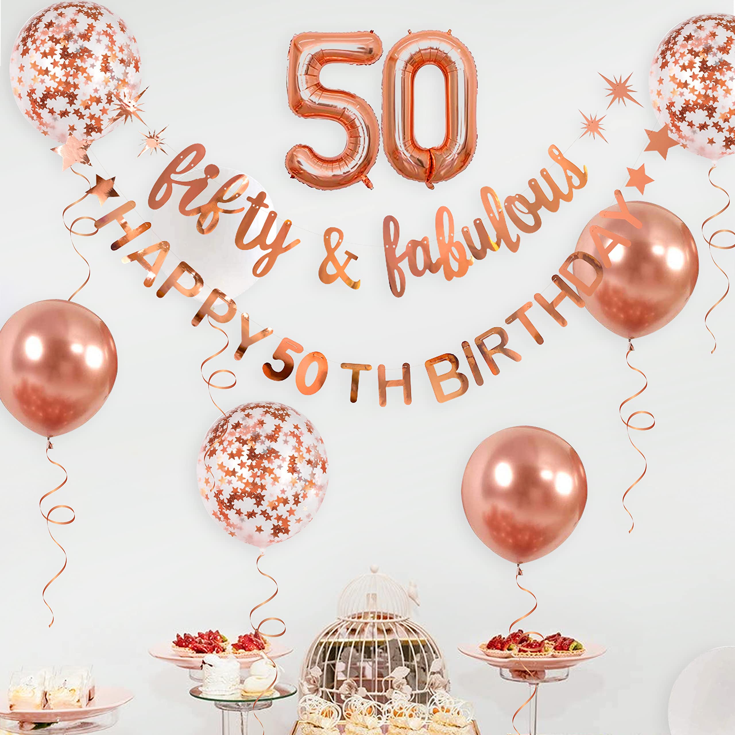 50th Birthday Decorations - Rose Gold 'Fifty & Fabulous' Banner Garland, Foil Balloon & Backdrop Set for Women's Milestone Party | Cheers to 50 Years Celebration Supplies | Perfect for Hanging Decor, Photo Backdrops & Birthday Party Themes