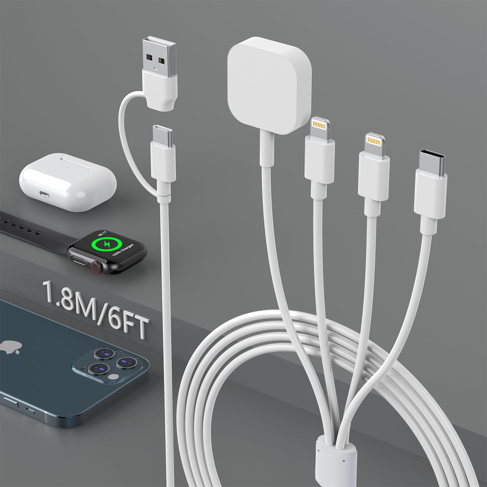 4-in-1 USB C Fast Charging Cable for Apple Watch Series 3/4/5/6/7/8/SE/Ultra, iPhone & AirPods - 6FT/1.8M Portable Wireless Charger Cord - Perfect for Travel, Office & Home Use