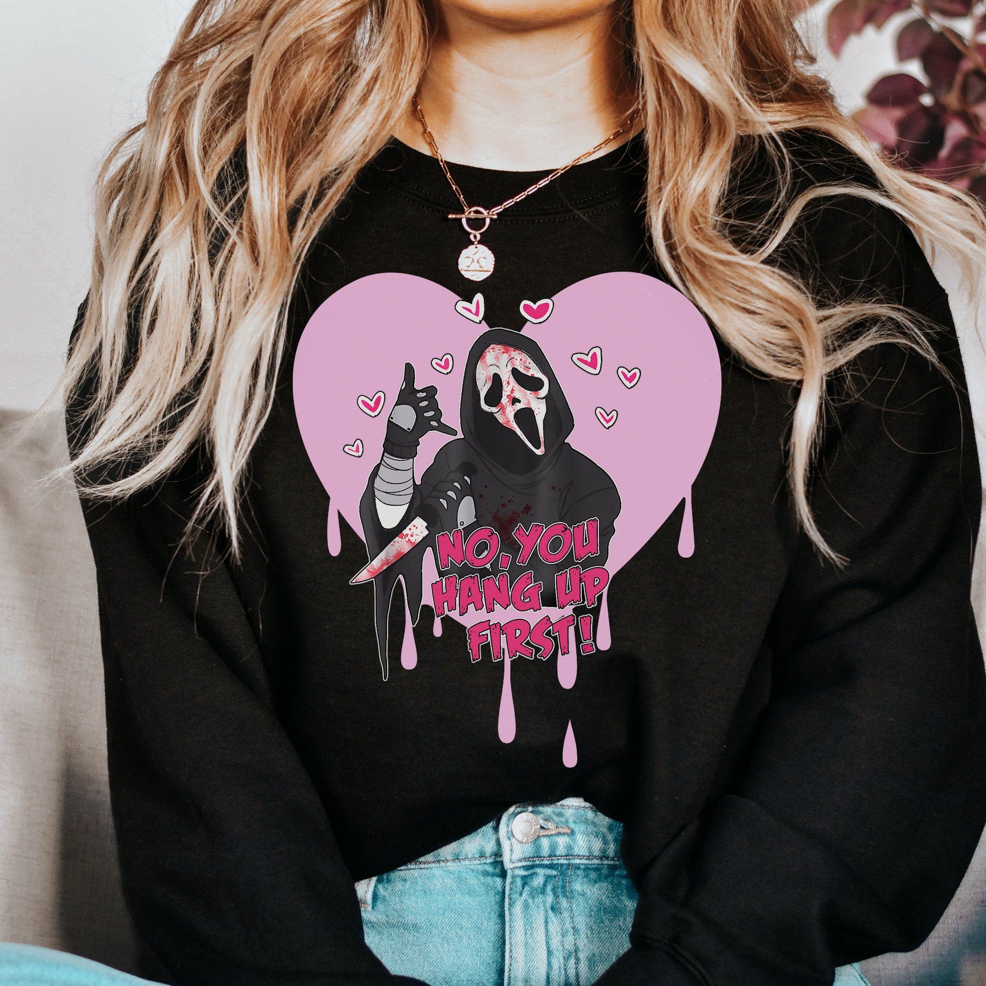 Ghostface Scream Sweatshirt - No You Hang Up Horror Hoodie | Spooky Valentine's Day Gift for Horror Fans | Perfect for Halloween, Movie Nights & Scary Date Outfits