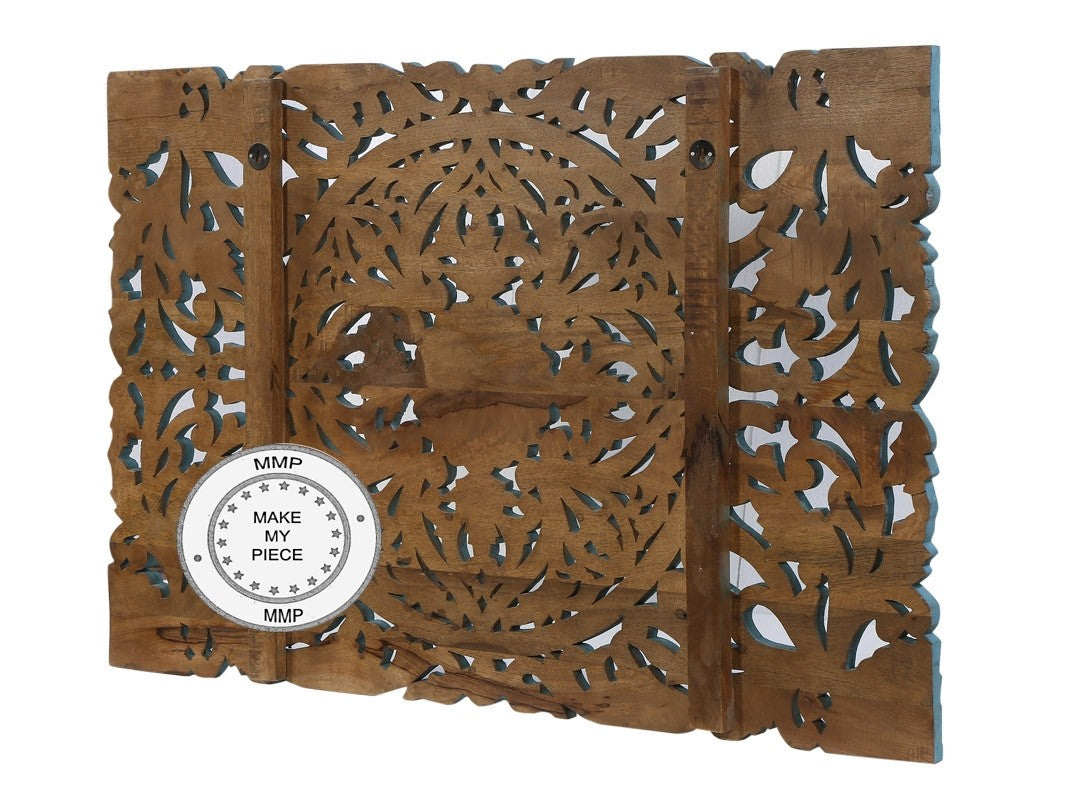 Hand Carved Indian Wooden Panel Bedhead in Blue - Exquisite Dynasty Design for Bedroom Decor | Perfect for Master Bedroom, Guest Room & Meditation Space