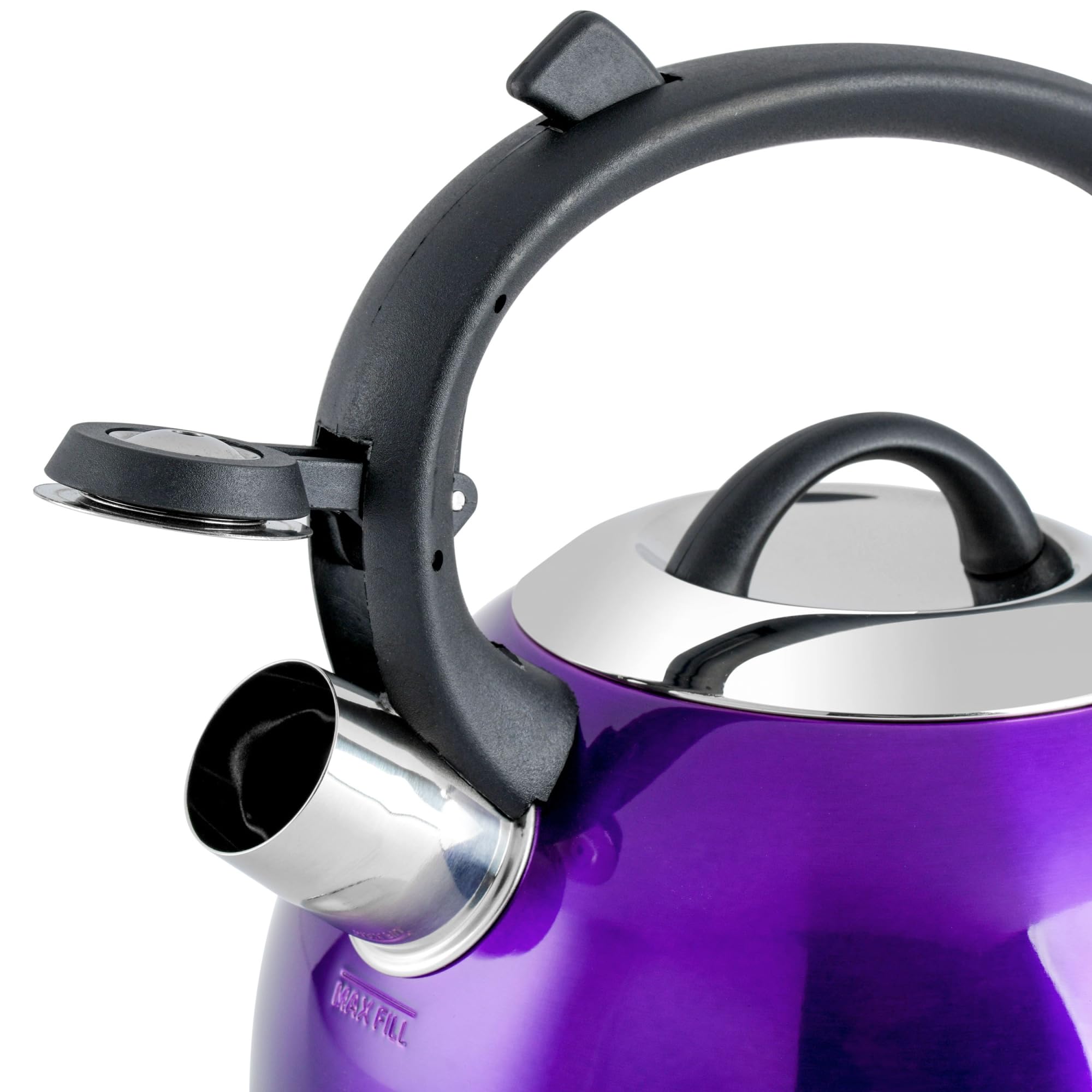 Mr. Coffee Flintshire 1.75-Quart Stainless Steel Whistling Tea Kettle with Heat-Resistant Nylon Handle - Metallic Purple | Perfect for Stovetop Tea Brewing & Kitchen Decor