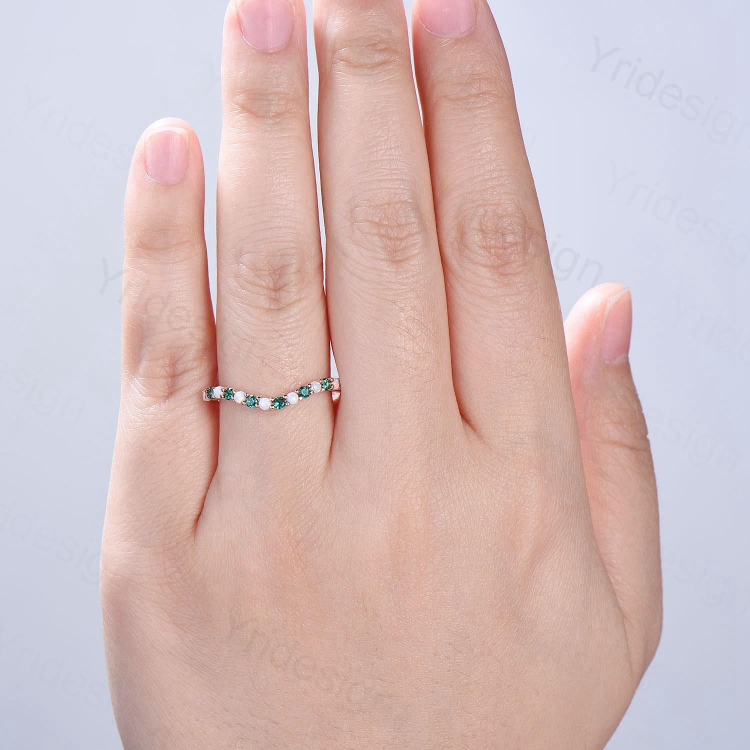 Curved Opal Wedding Ring - Half Eternity Opal & Emerald Wedding Band in Sterling Silver or 14K Rose Gold - Hexagon Cut Stacking Anniversary Ring for Women - Perfect for Bridal Sets, Engagement, and Everyday Wear