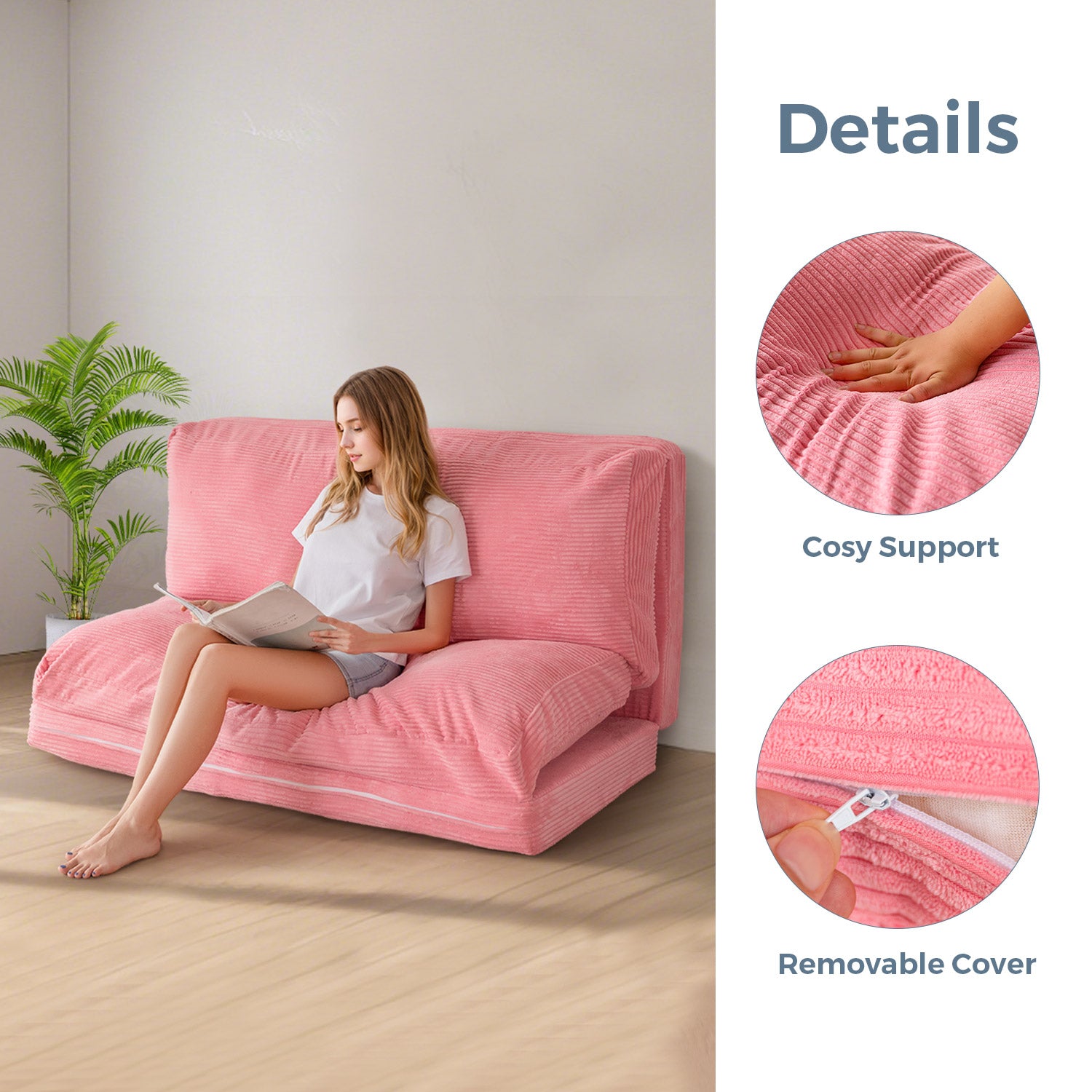 MAXYOYO Corduroy Bean Bag Sofa Bed - 4-Folding Floor Lounger in Pink | Comfortable Convertible Chair for Living Room, Bedroom & Dorm | Perfect for Relaxing, Gaming & Movie Nights
