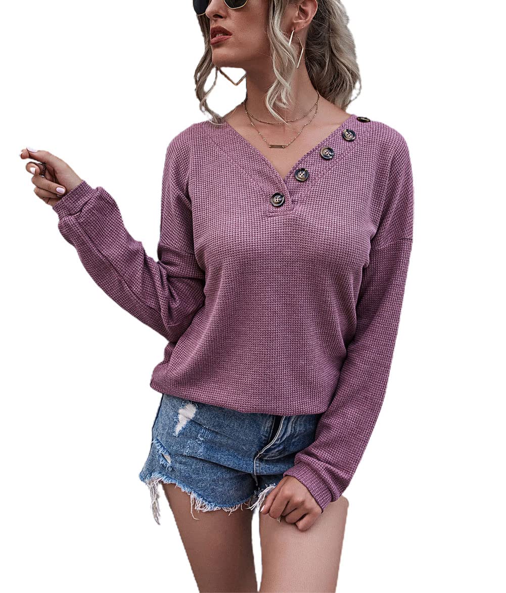 Women's Casual V-Neck Long Sleeve Waffle Knit Pullover Blouse - Soft Comfortable Shirt for Fall & Winter Layering, Work Office & Weekend Outfits