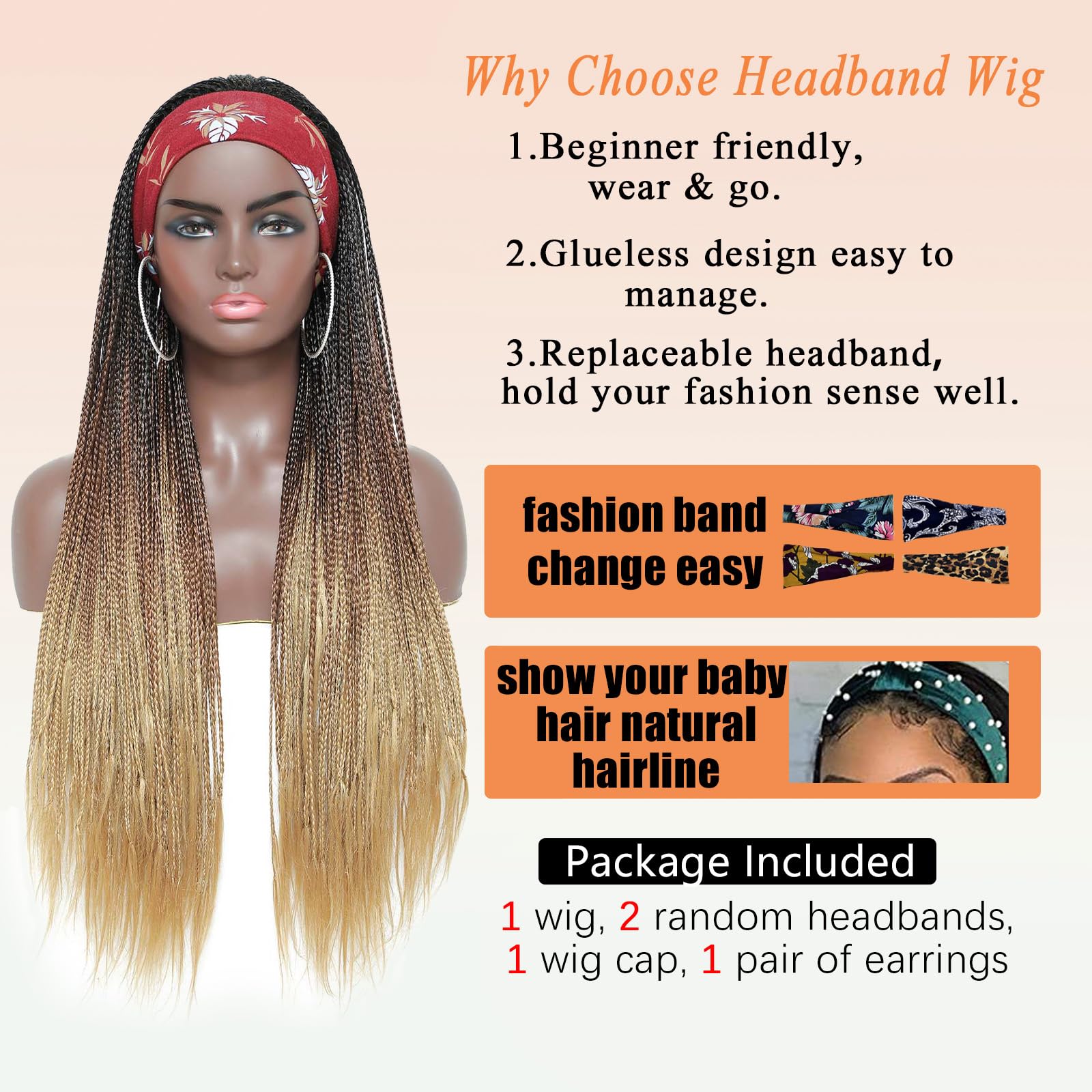30 Inch Box Braided Headband Wigs for Black Women - Micro Braids Synthetic Wigs with Small Braids (1B/30/27) - Perfect for Protective Styling, Daily Wear & Special Occasions