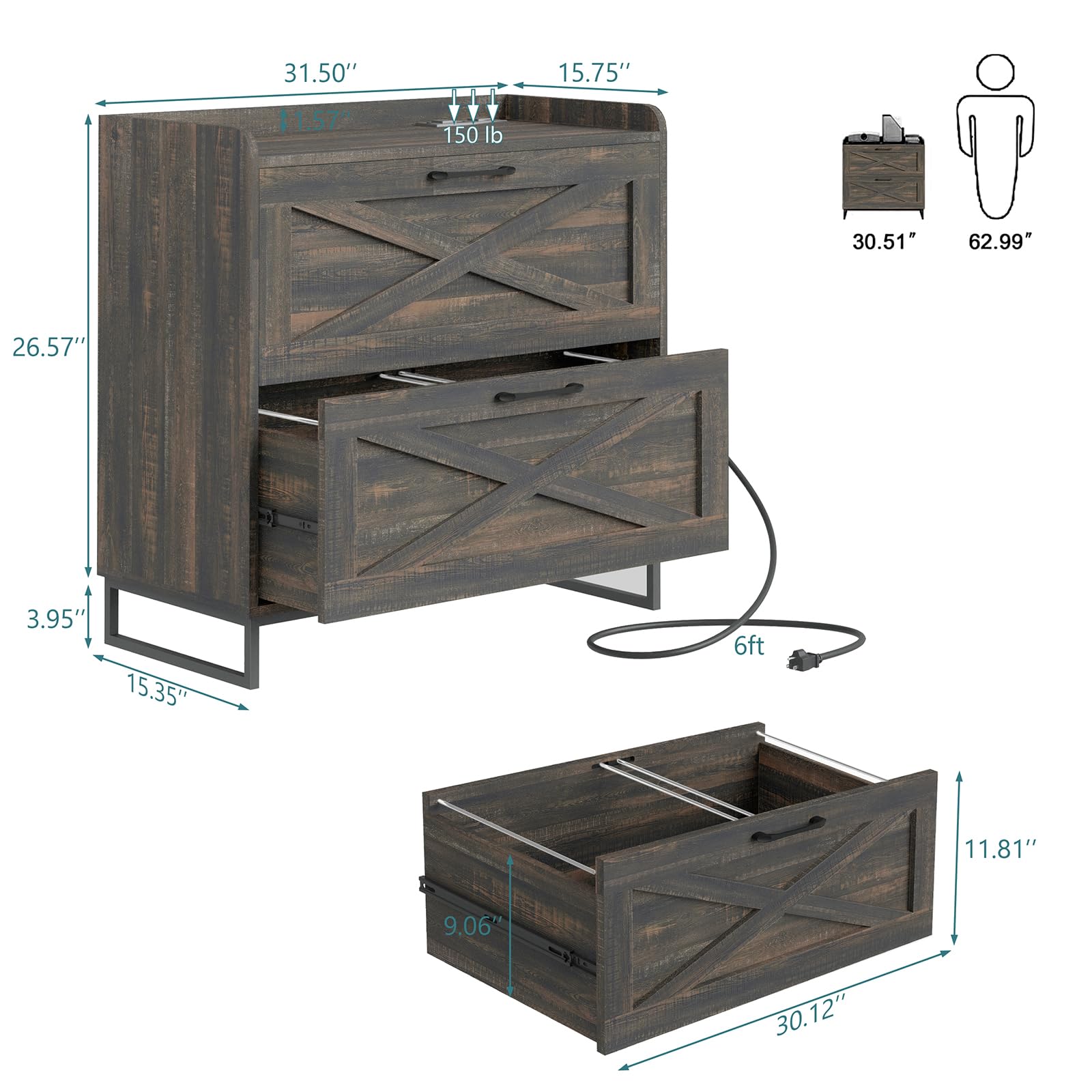 2-Drawer Lateral File Cabinet with USB Charging Station - Legal/Letter/A4 Hanging File Storage - Modern Farmhouse Wood Office Furniture for Home & Workspace (Dark Rustic Oak) - Perfect for Organizing Documents & Charging Devices in Home Offices, Study Rooms & Small Businesses