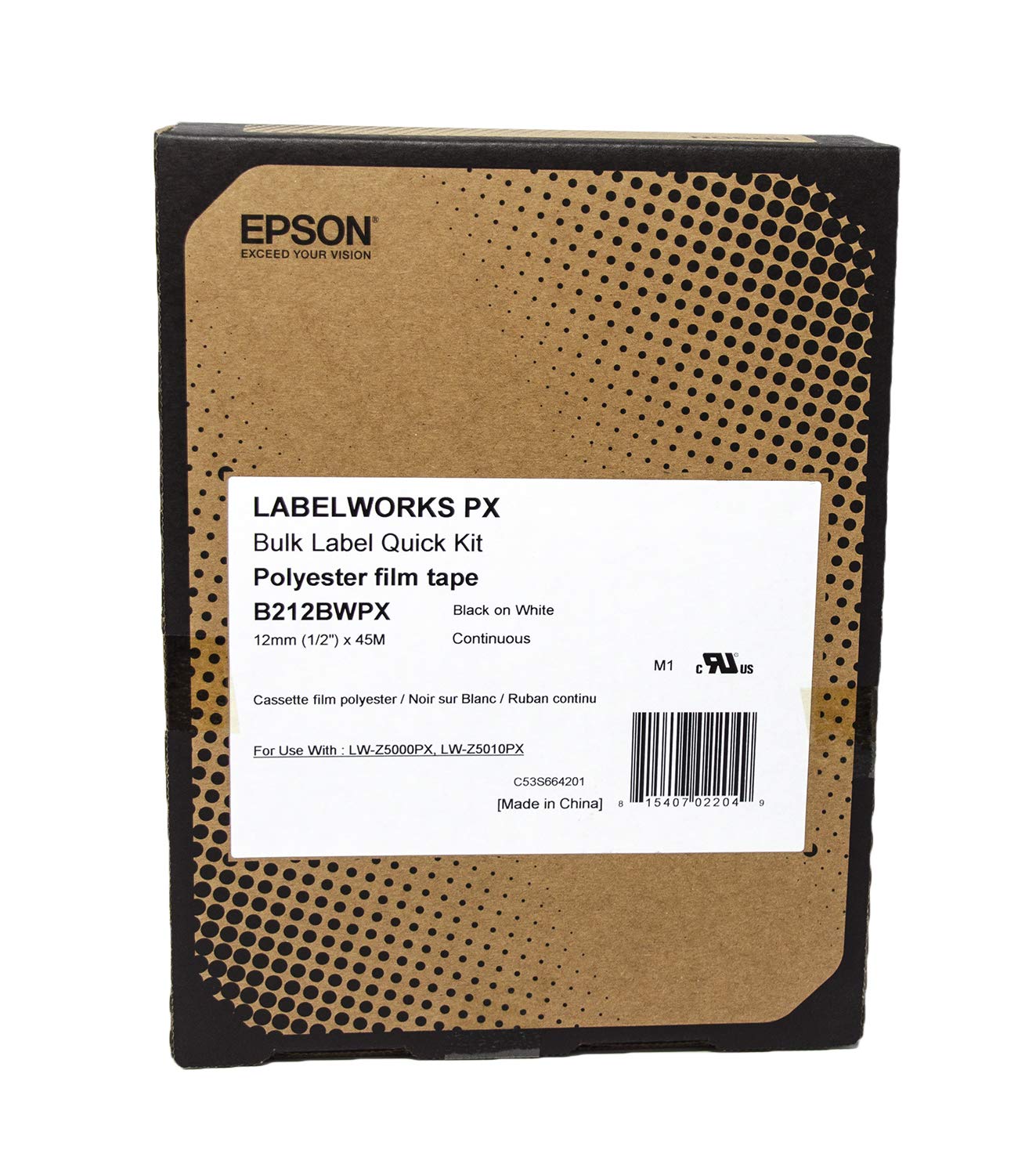 Epson LABELWORKS B212BWPX Bulk Continuous PET (Polyester) Label Tape - Black on White, 1/2