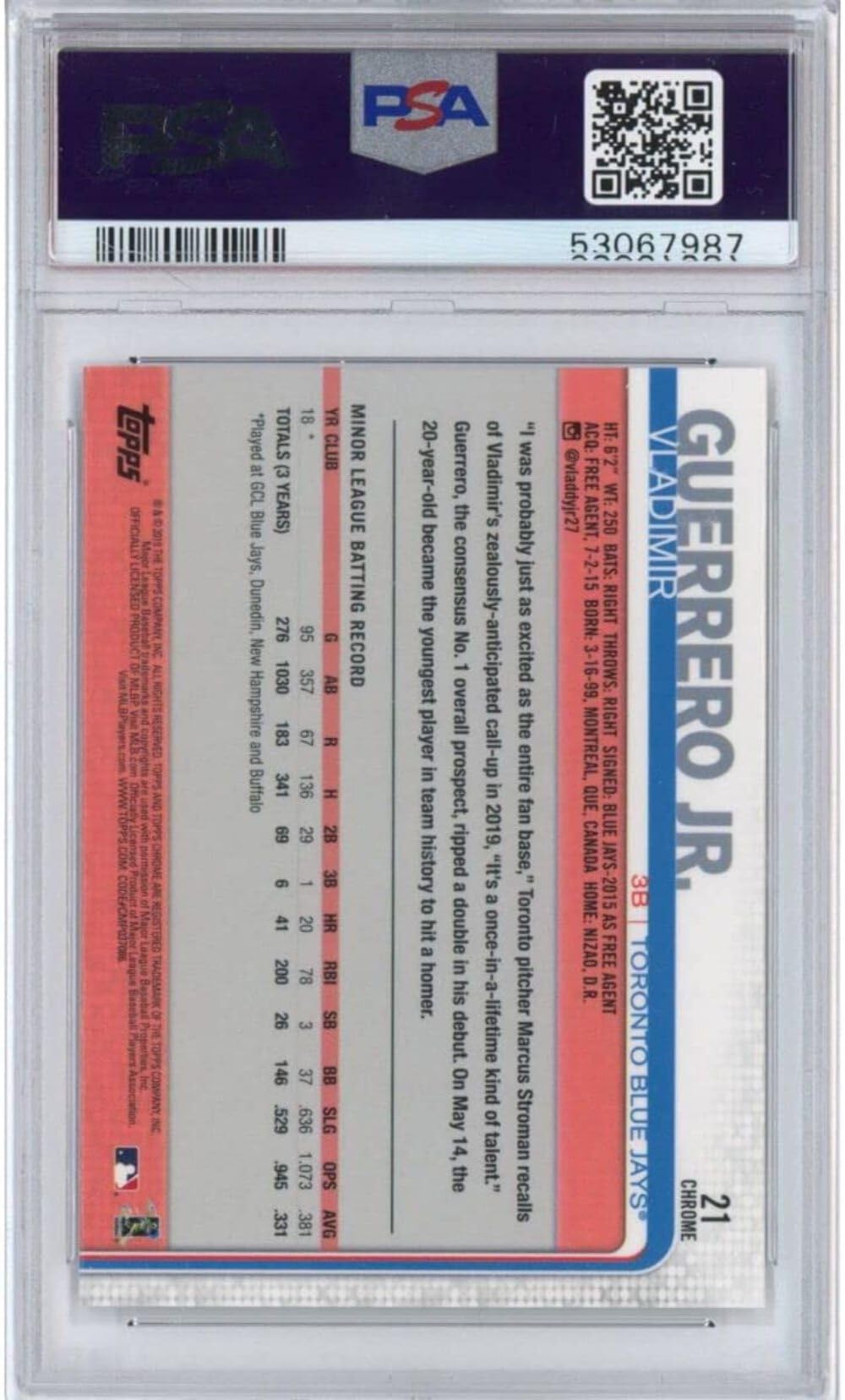 2019 Topps Chrome Update Vladimir Guerrero Jr. #21 Rookie RC Baseball Card PSA 10 Gem Mint - Perfect for Baseball Card Collectors, Sports Memorabilia Enthusiasts, and Investment Collectibles - Great for Display, Trading, and Gifting