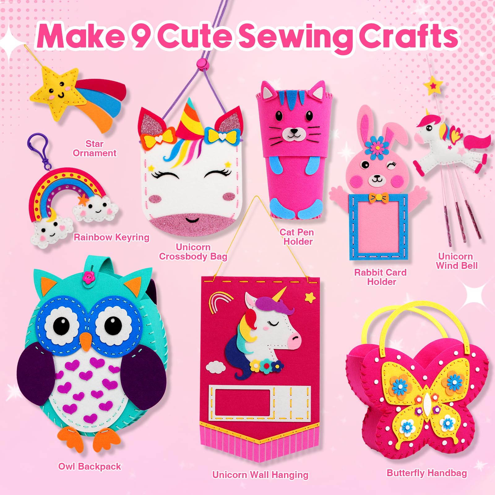 Sunrad Kids Sewing Kit for Beginners - DIY Unicorn & Animal Felt Crafts, 9 Easy Projects, Learn to Sew Educational Toy - Perfect Birthday Gift for Girls Ages 6-12 | Fun Arts & Crafts Activity for Home, School & Party Projects