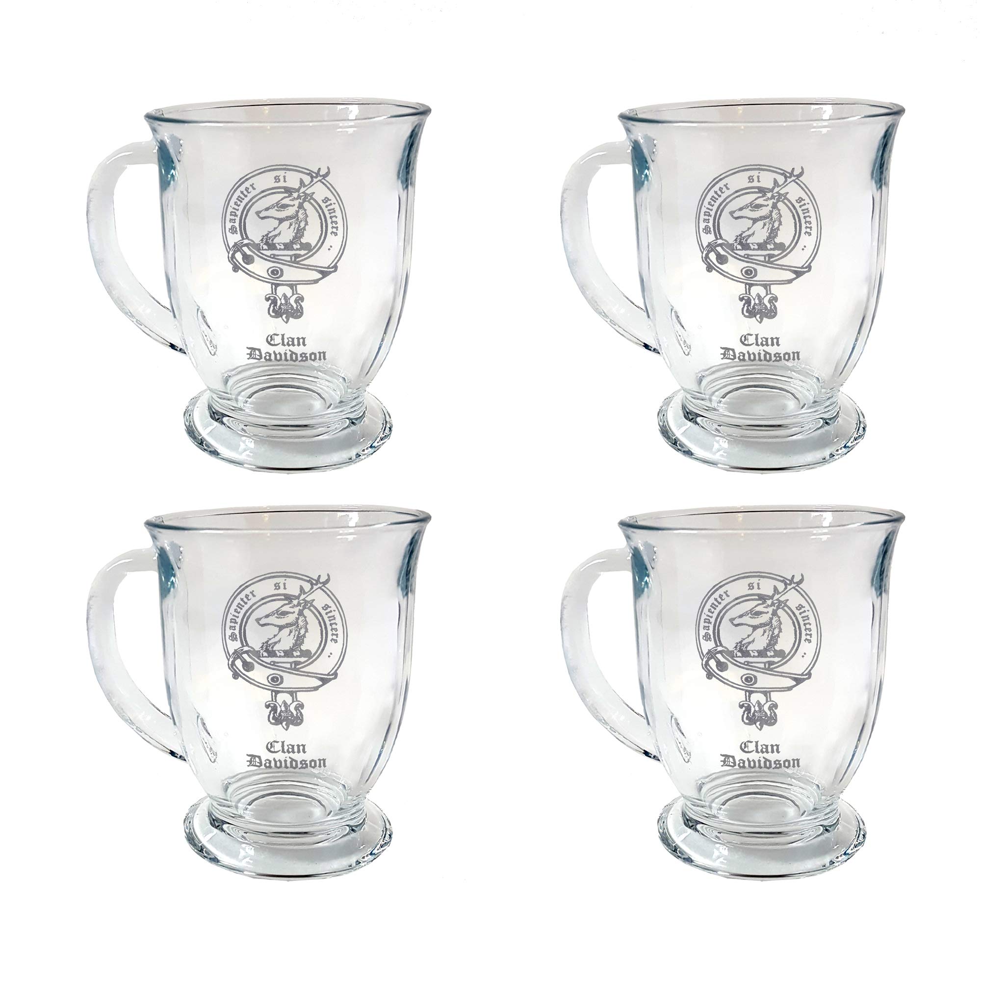 Davidson Scottish Clan Crest 10oz Stemmed Coffee Glasses - Set of 4 Personalized Whisky Tasting Cups for Scottish Heritage Celebrations, Clan Gatherings & Home Bar Decor