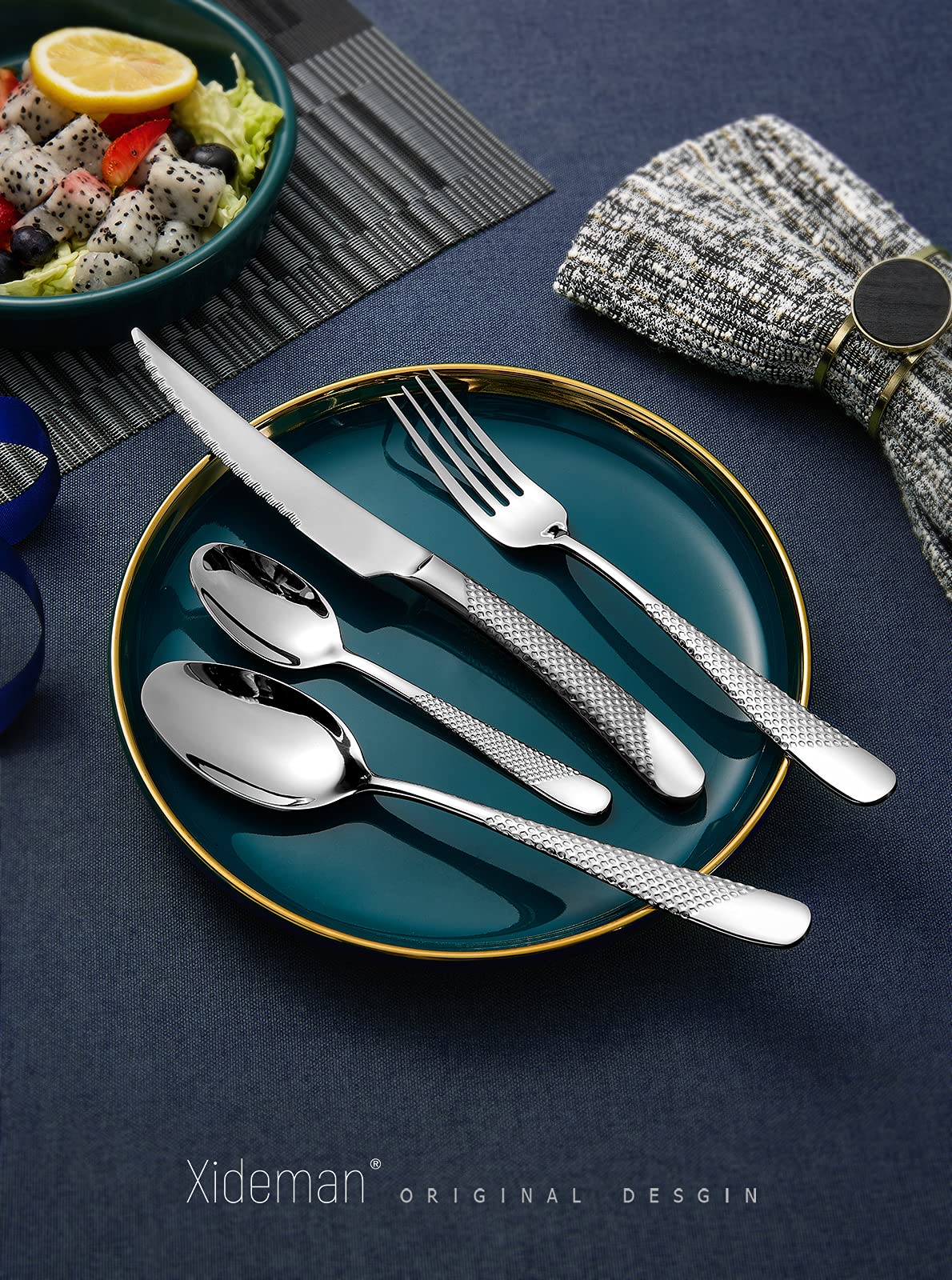 16-Piece Modern Hammered Cutlery Set with Ultra Sharp 2-in-1 Serrated Knife - 18/10 Stainless Steel Silverware Flatware Set for 4 - Elegant Tableware Utensils with Forks, Spoons & Knives - Perfect for Dinner Parties, Restaurants & Home Dining