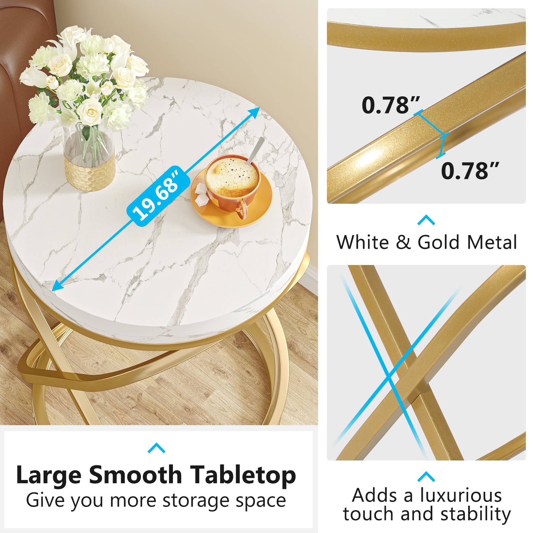 Round End Table - 26 Inch Tall Sofa Side Table with Faux Marble Top | Modern Living Room Furniture for Small Spaces, Bedroom Nightstand & Office Decor