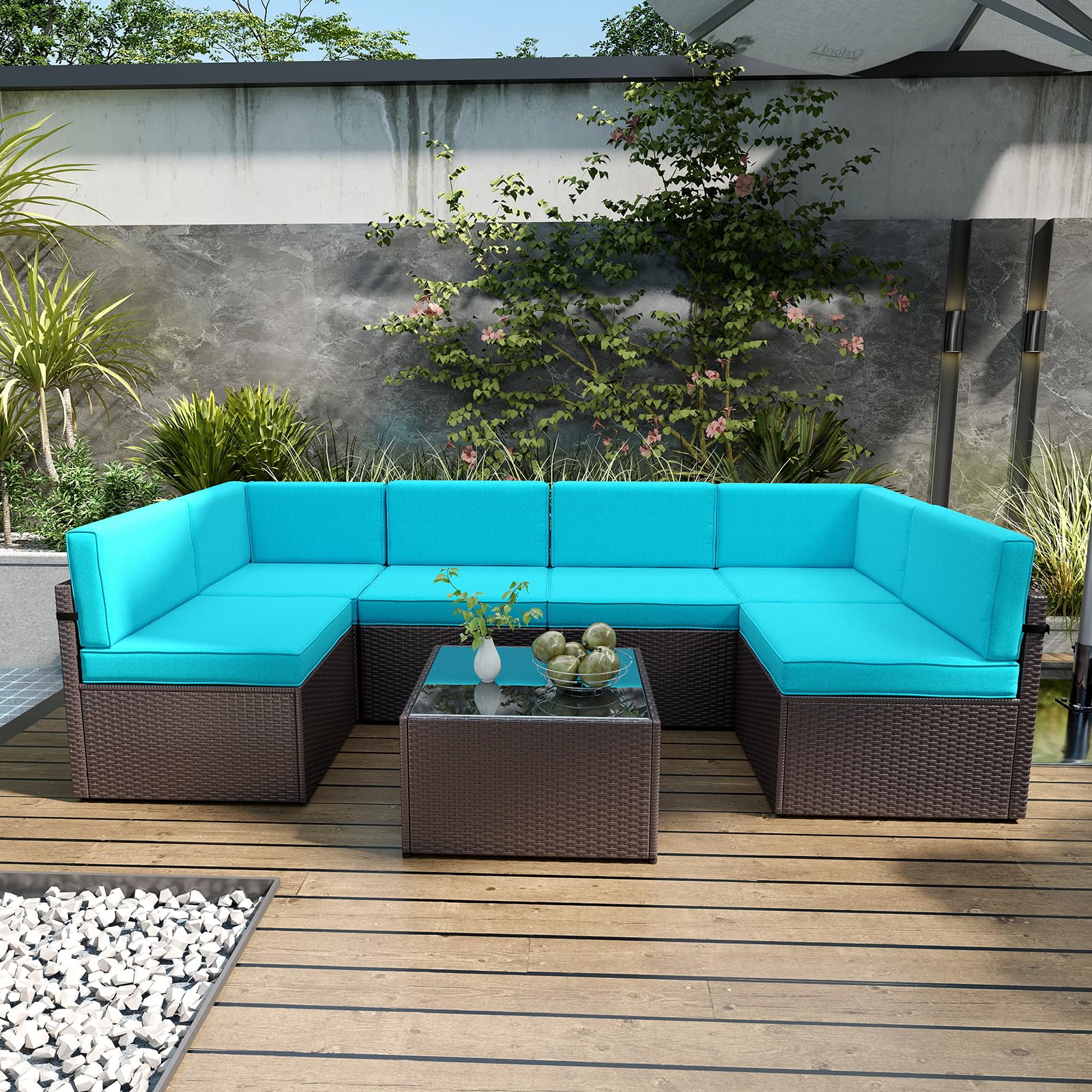 Kinsunny 7-Piece Outdoor Patio Furniture Set - PE Rattan Wicker Sofa Sectional with 2 Pillows & Coffee Table - Perfect for Garden, Poolside, and Backyard Relaxation