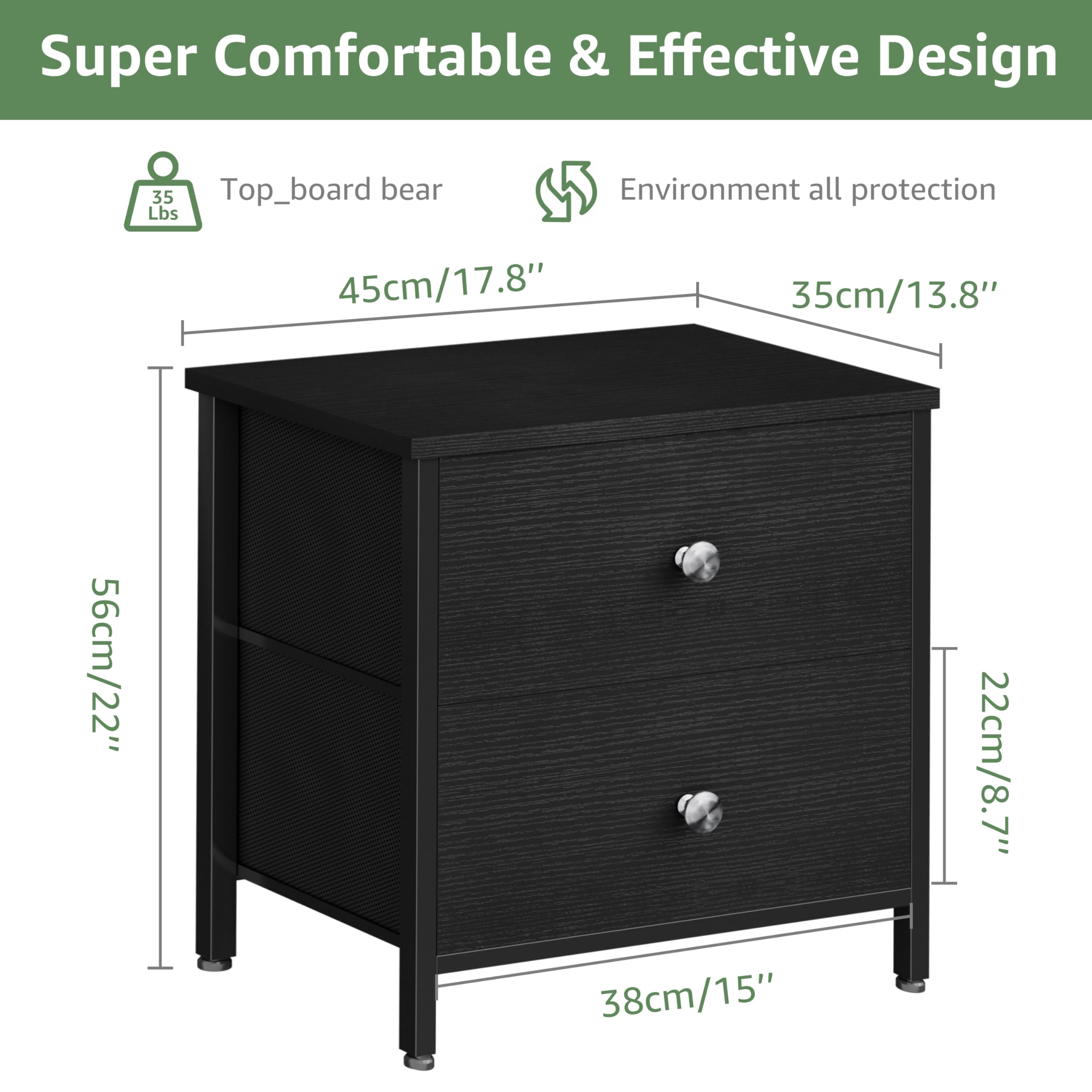 BOLUO Modern Black Nightstands Set of 2 - 2 Drawer Bedside Tables with Fabric Storage for Bedroom, Living Room | Space-Saving End Tables for Small Spaces & Apartment Decor
