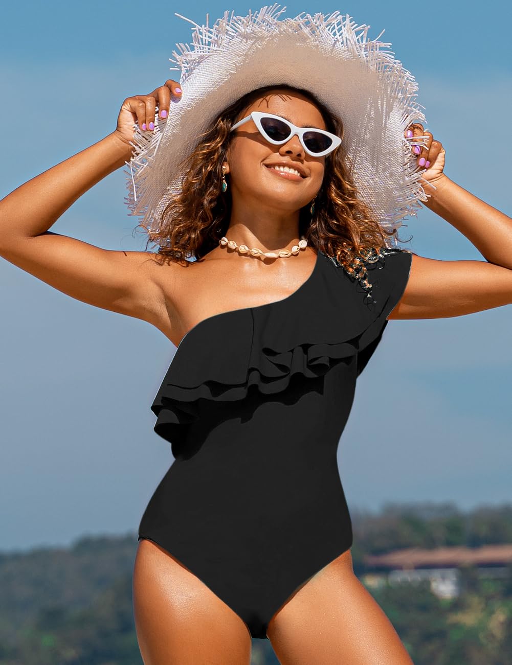 Hilor Women's One Shoulder Asymmetric One Piece Swimsuit with Ruffles - Sexy Bathing Suit for Pool, Beach & Vacation