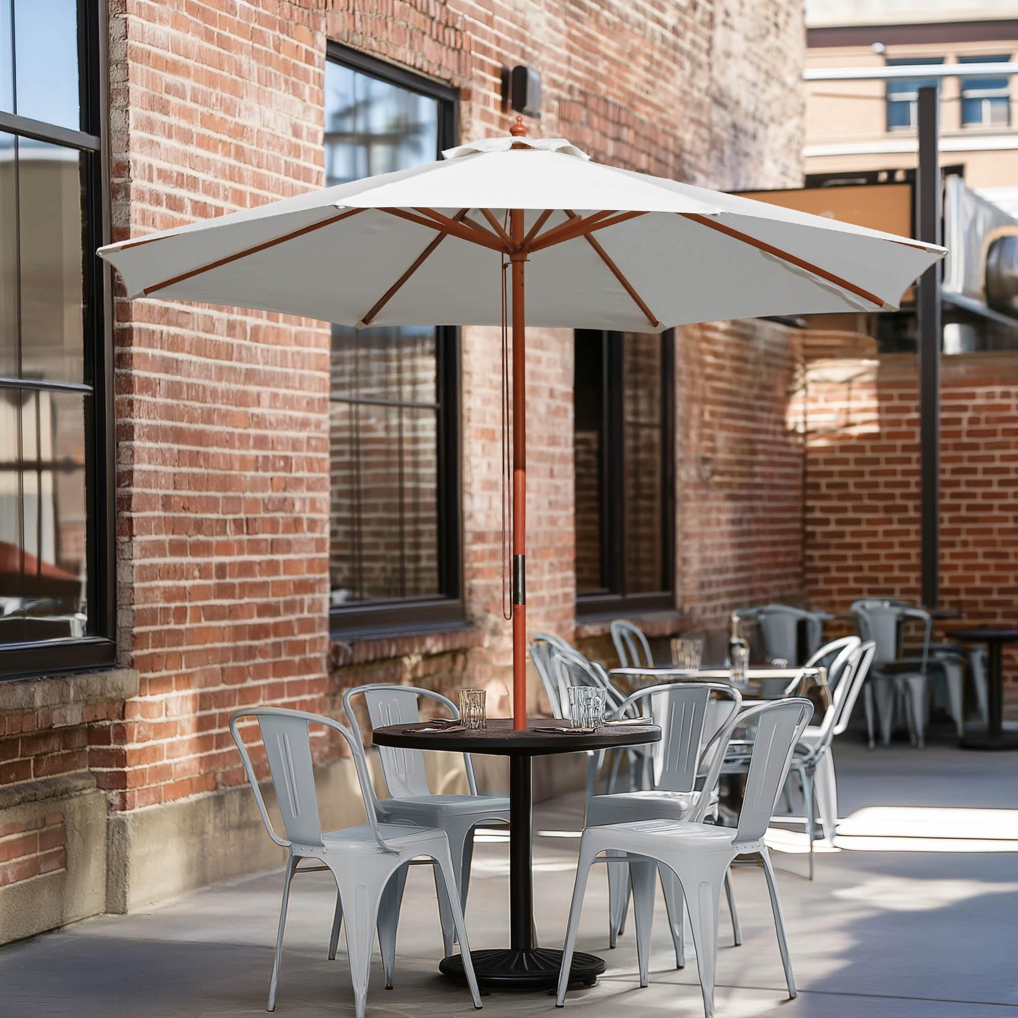9ft Wood Outdoor Patio Umbrella - Pure White Sun Shade for Garden, Yard, Beach, Deck, Cafe & Wedding Parties - Perfect for Relaxing and Outdoor Entertaining