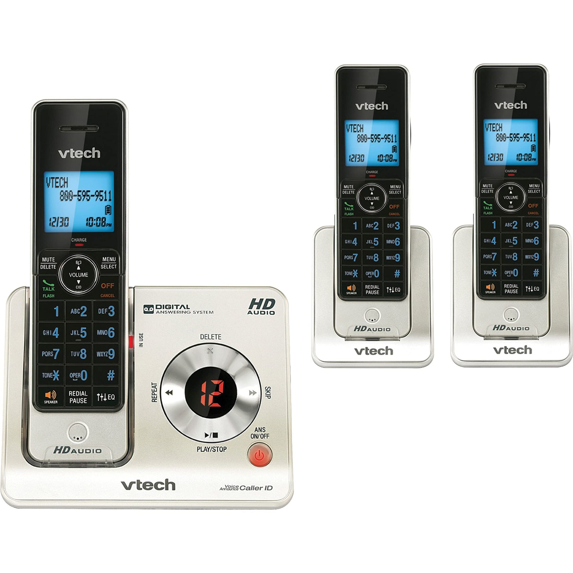 VTech LS6425-3 DECT 6.0 Expandable Cordless Phone System with Digital Answering Machine, Caller ID & Call Waiting - 3 Handsets, Silver | Home & Office Communication Solution