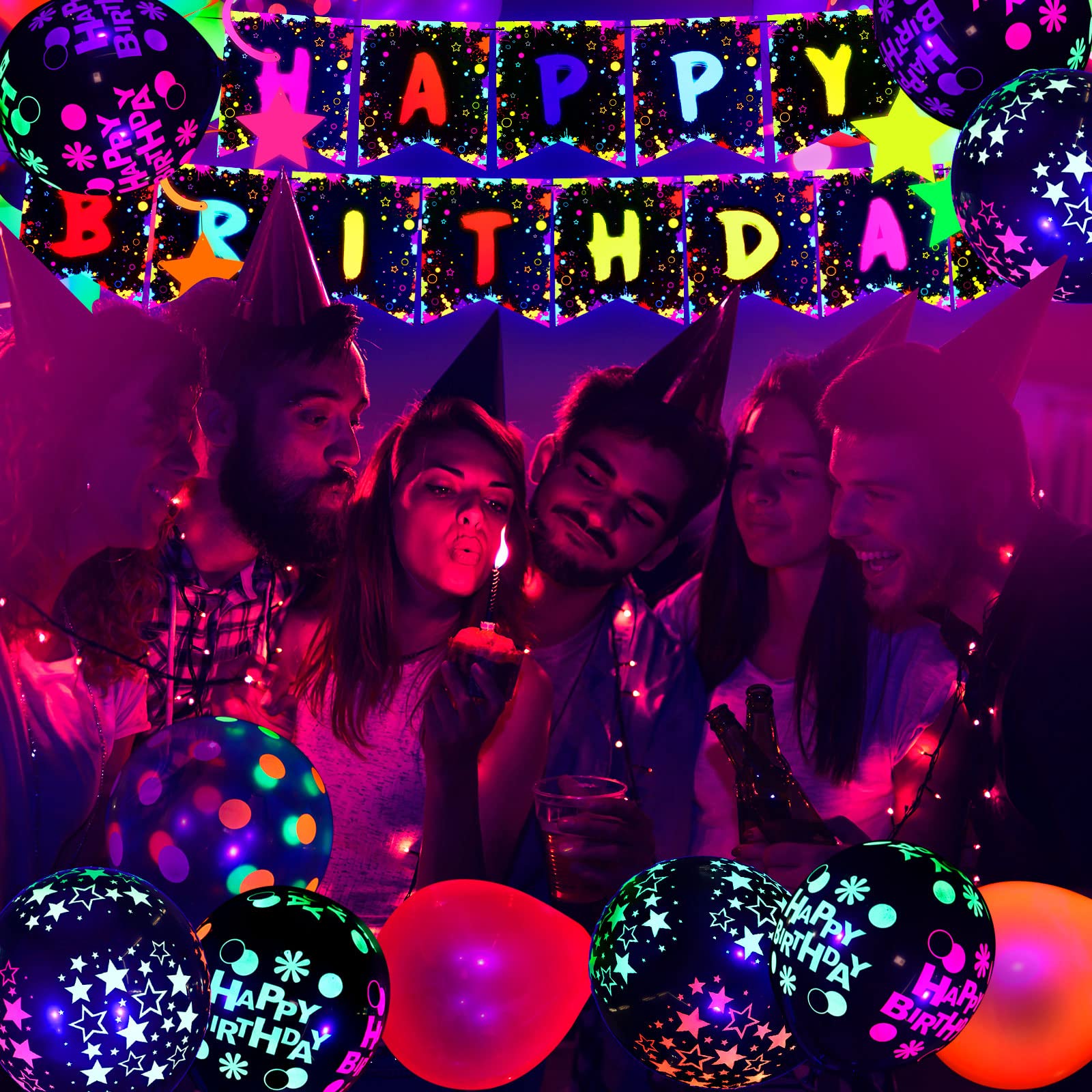 Jetec 71-Piece Neon Birthday Party Decorations Kit - Glow in The Dark Balloons, UV Neon Balloons, Star Swirls & Happy Birthday Banner - Perfect for Glow Parties, Raves, Nightclubs & UV Themed Celebrations